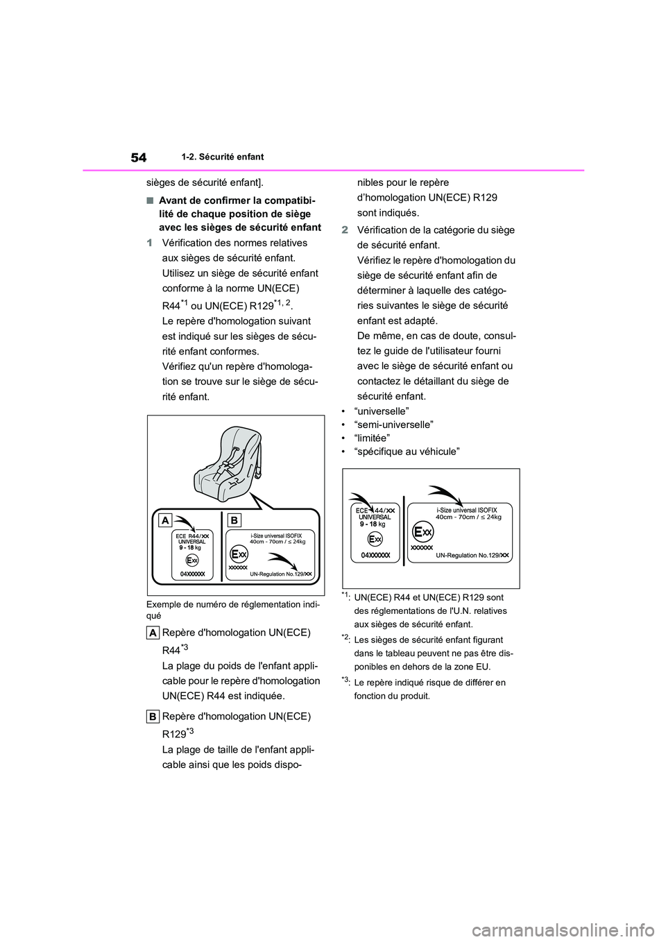TOYOTA COROLLA 2022  Notices Demploi (in French) 541-2. Sécurité enfant
sièges de sécurité enfant].
■Avant de confirmer la compatibi- 
lité de chaque position de siège 
avec les sièges de sécurité enfant 
1 Vérification des normes relat