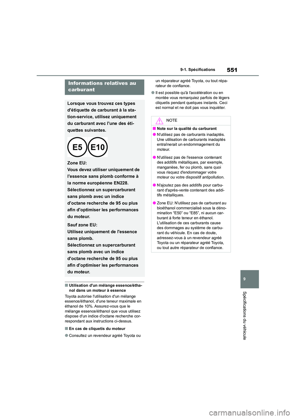 TOYOTA COROLLA 2022 Notices Demploi (in French) 551
9
9-1. Spécifications
Spécifications du véhicule■Utilisation dun mélange essence/étha- nol dans un moteur à essence
Toyota autorise lutilisation dun mélange
essence/éthanol, dune TOYOTA COROLLA 2022 Notices Demploi (in French) 551
9
9-1. Spécifications
Spécifications du véhicule■Utilisation dun mélange essence/étha- nol dans un moteur à essence
Toyota autorise lutilisation dun mélange
essence/éthanol, dune