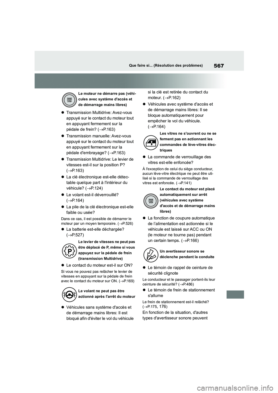 TOYOTA COROLLA 2022  Notices Demploi (in French) 567Que faire si... (Résolution des problèmes)
Transmission Multidrive: Avez-vous  
appuyé sur le contact du moteur tout 
en appuyant fermement sur la 
pédale de frein? ( P.163) 
 Transmis