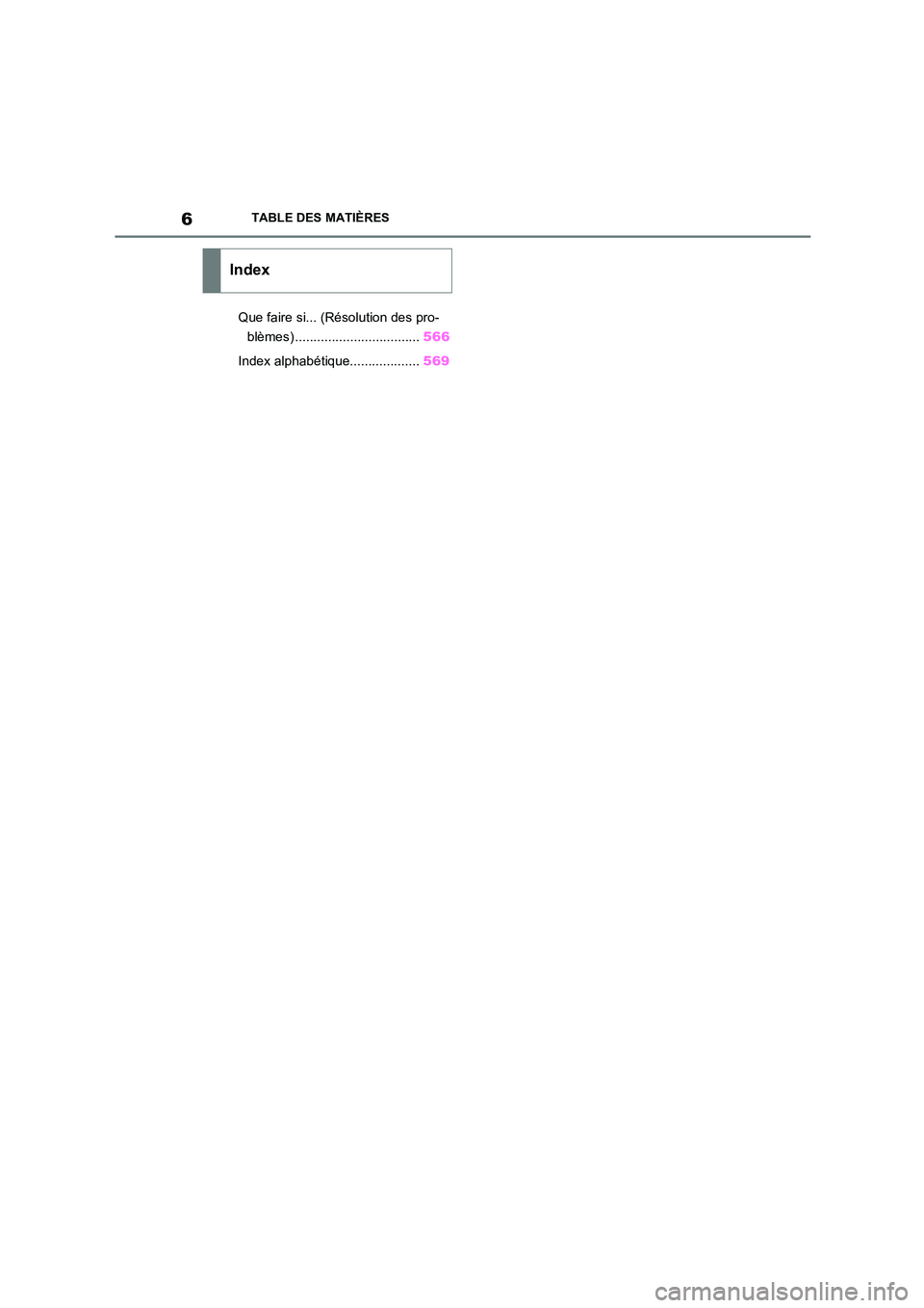 TOYOTA COROLLA 2022  Notices Demploi (in French) 6TABLE DES MATIÈRES
Que faire si... (Résolution des pro- 
blèmes) .................................. 566 
Index alphabétique................... 569
Index 