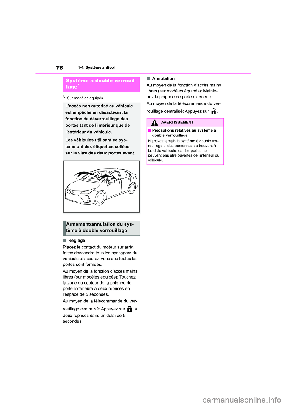 TOYOTA COROLLA 2022  Notices Demploi (in French) 781-4. Système antivol
*: Sur modèles équipés
■Réglage 
Placez le contact du moteur sur arrêt,  
faites descendre tous les passagers du 
véhicule et assurez-vous que toutes les 
portes sont f