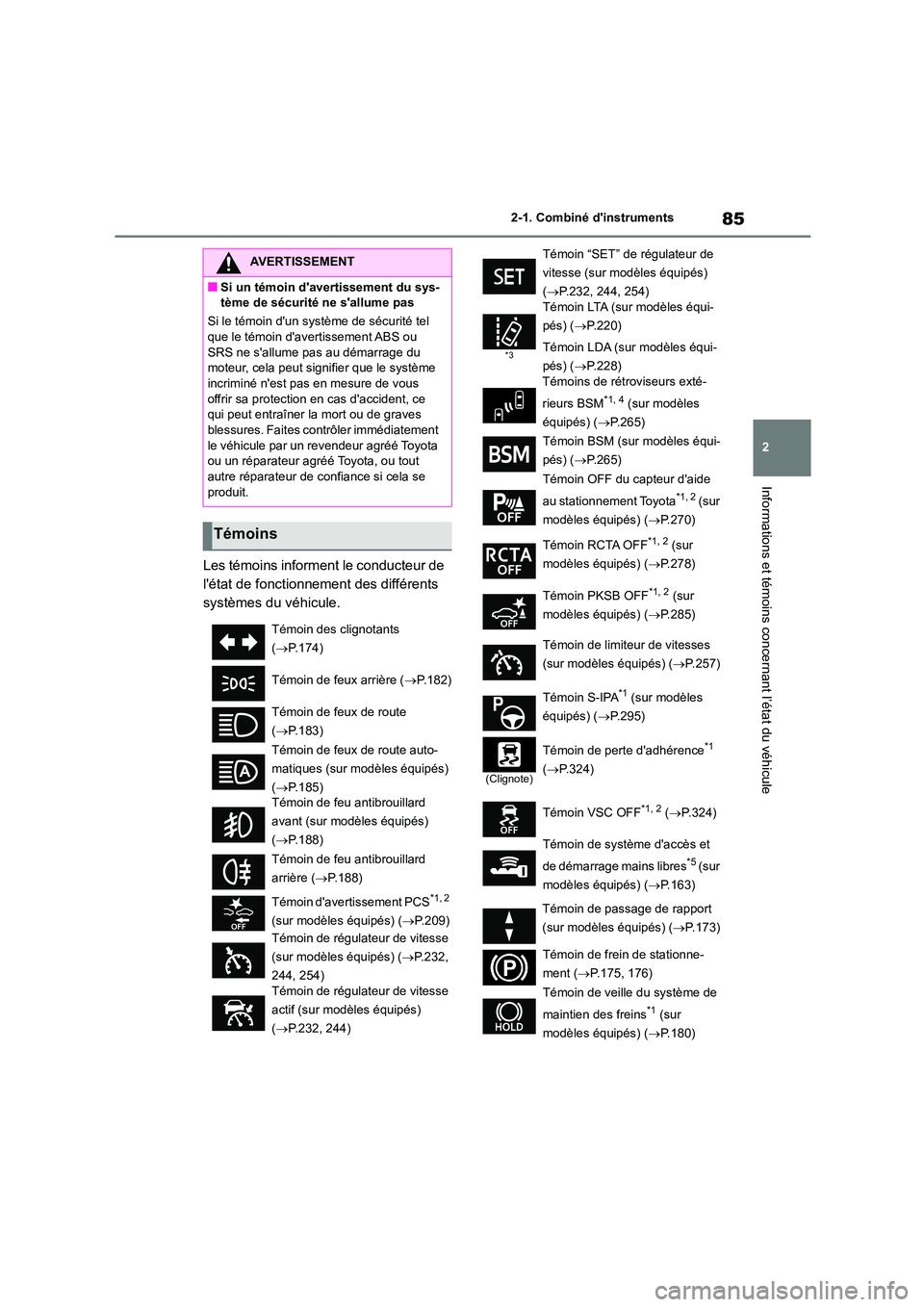 TOYOTA COROLLA 2022  Notices Demploi (in French) 85
2 
2-1. Combiné dinstruments
Informations et témoins concernant l’état du véhicule
Les témoins informent le conducteur de  
létat de fonctionnement des différents 
systèmes du véhicule