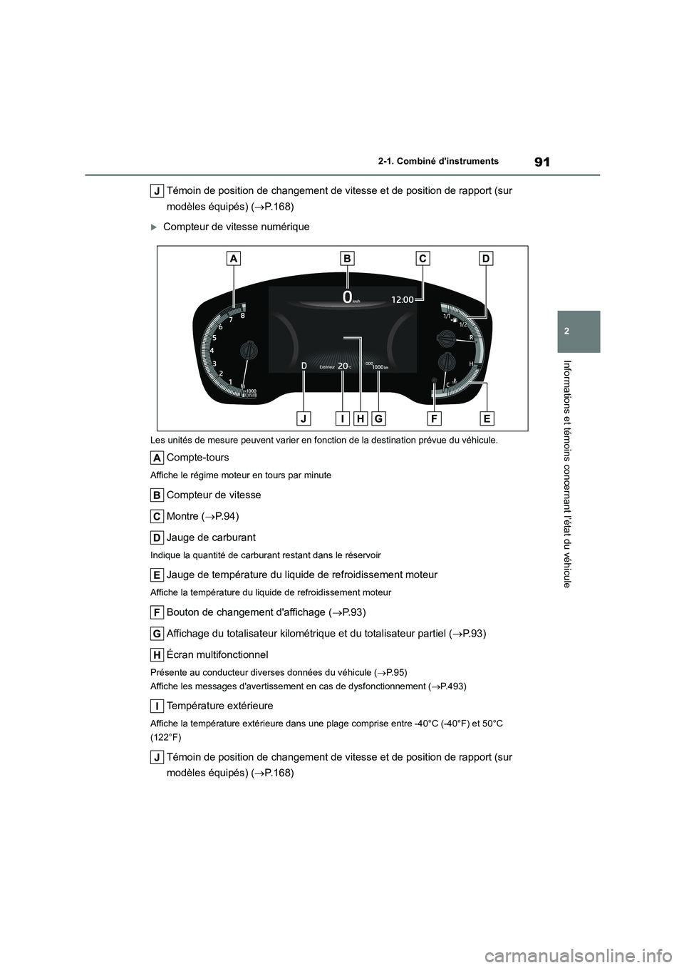 TOYOTA COROLLA 2022  Notices Demploi (in French) 91
2 
2-1. Combiné dinstruments
Informations et témoins concernant l’état du véhicule
Témoin de position de changement de vitesse et de position de rapport (sur  
modèles équipés) ( P.16