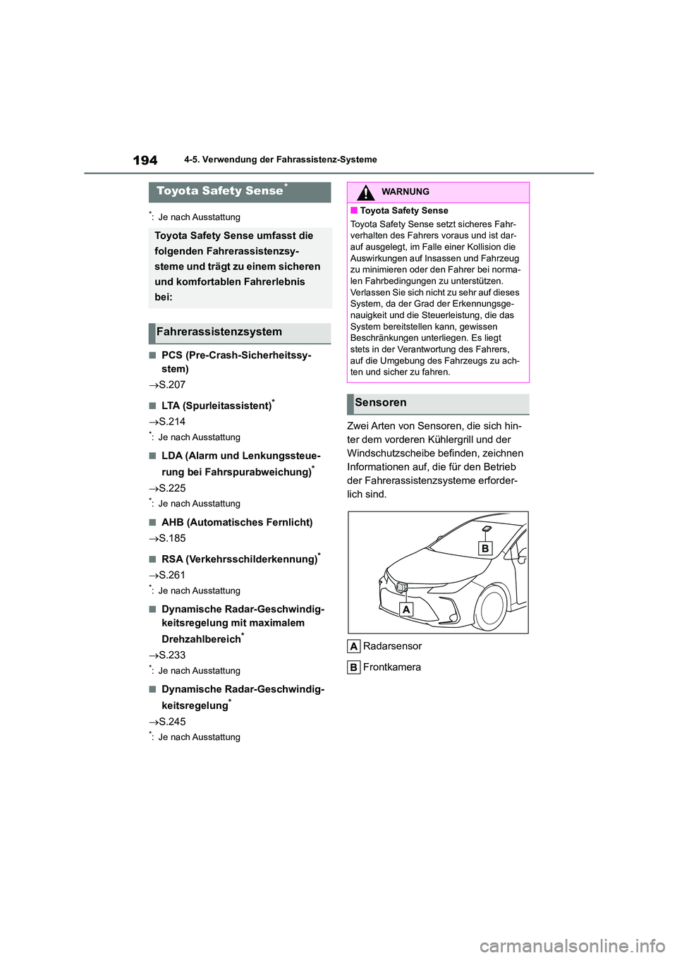 TOYOTA COROLLA 2022 Betriebsanleitungen (in German) 1944-5. Verwendung der Fahrassistenz-Systeme
4-5.Verwendung der Fahrassistenz-Systeme
*: Je nach Ausstattung
■PCS (Pre-Crash-Sicherheitssy-
stem)
S.207
■LTA (Spurleitassistent)*
S.214
*: TOYOTA COROLLA 2022 Betriebsanleitungen (in German) 1944-5. Verwendung der Fahrassistenz-Systeme
4-5.Verwendung der Fahrassistenz-Systeme
*: Je nach Ausstattung
■PCS (Pre-Crash-Sicherheitssy-
stem)
S.207
■LTA (Spurleitassistent)*
S.214
*: