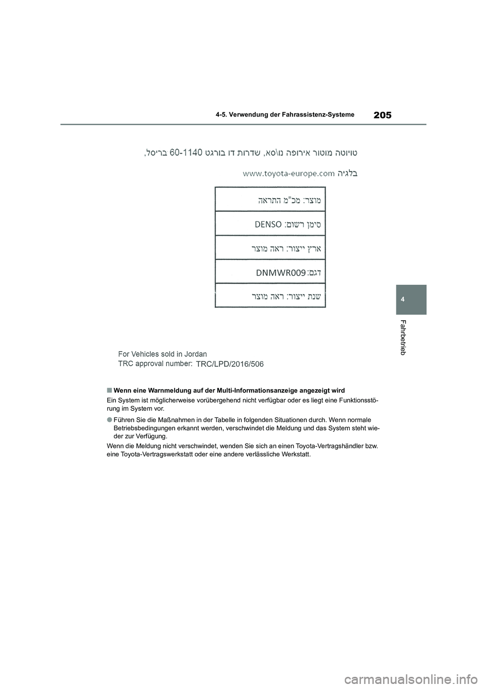 TOYOTA COROLLA 2022 Betriebsanleitungen (in German) 205
4
4-5. Verwendung der Fahrassistenz-Systeme
Fahrbetrieb
■Wenn eine Warnmeldung auf der Mult i-Informationsanzeige angezeigt wird
Ein System ist möglicherweis e vorübergehend nicht verfügbar TOYOTA COROLLA 2022 Betriebsanleitungen (in German) 205
4
4-5. Verwendung der Fahrassistenz-Systeme
Fahrbetrieb
■Wenn eine Warnmeldung auf der Mult i-Informationsanzeige angezeigt wird
Ein System ist möglicherweis e vorübergehend nicht verfügbar