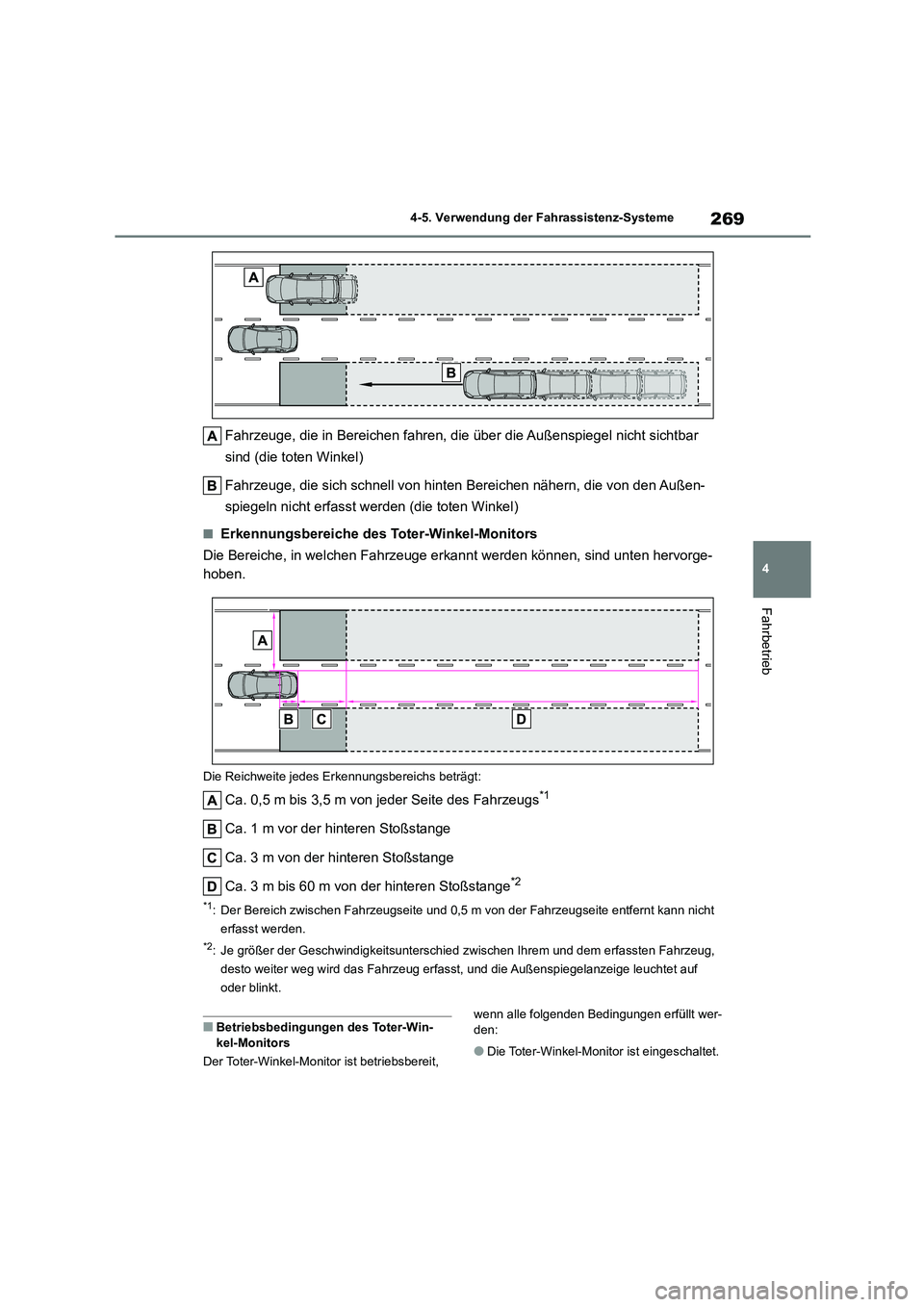 TOYOTA COROLLA 2022 Betriebsanleitungen (in German) 269
4
4-5. Verwendung der Fahrassistenz-Systeme
Fahrbetrieb
Fahrzeuge, die in Bereichen fahren, die über die Außenspiegel nicht sichtbar
sind (die toten Winkel)
Fahrzeuge, die sich schnell von h TOYOTA COROLLA 2022 Betriebsanleitungen (in German) 269
4
4-5. Verwendung der Fahrassistenz-Systeme
Fahrbetrieb
Fahrzeuge, die in Bereichen fahren, die über die Außenspiegel nicht sichtbar
sind (die toten Winkel)
Fahrzeuge, die sich schnell von h
