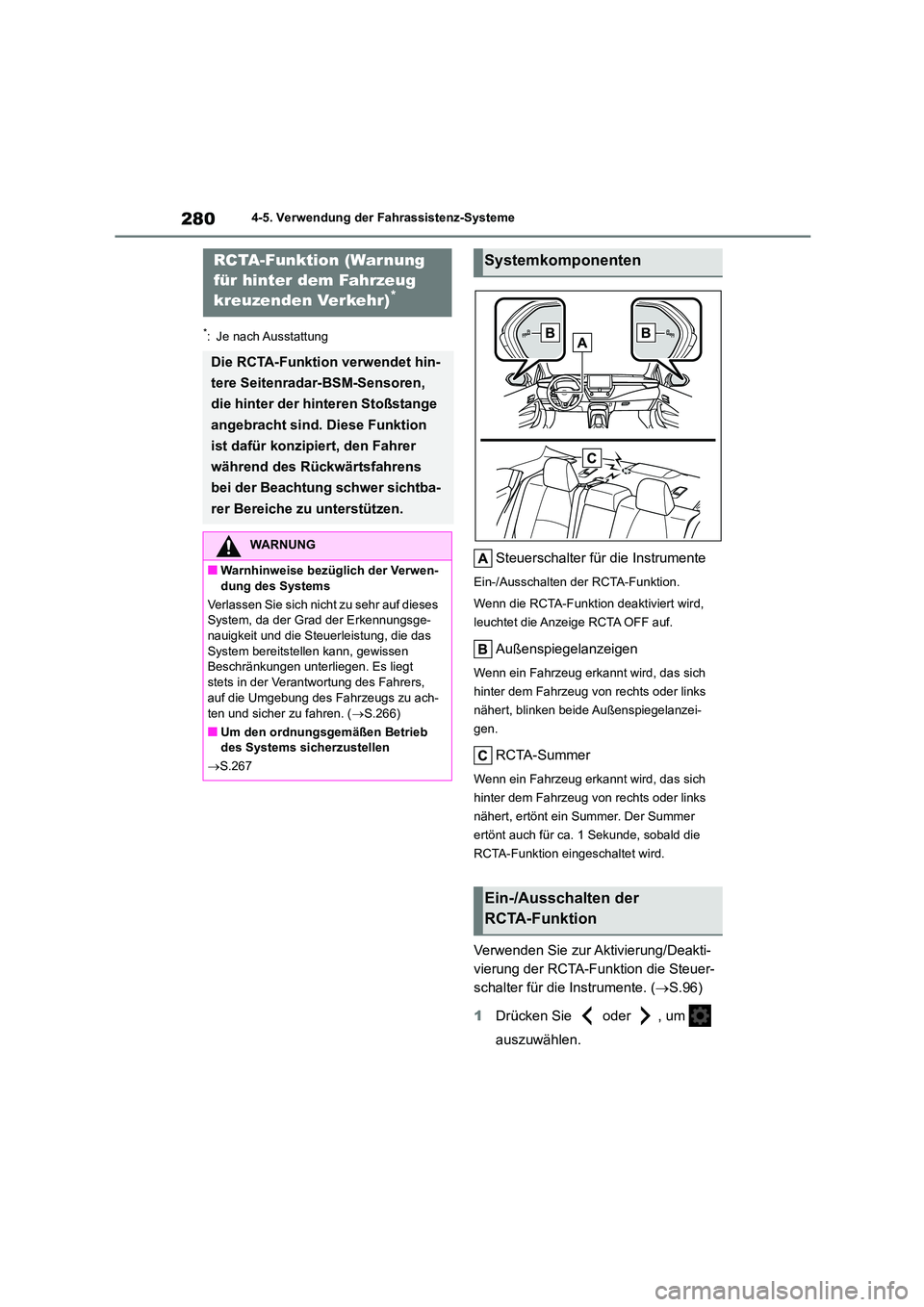TOYOTA COROLLA 2022 Betriebsanleitungen (in German) 2804-5. Verwendung der Fahrassistenz-Systeme
*: Je nach Ausstattung
Steuerschalter für die Instrumente
Ein-/Ausschalten der RCTA-Funktion.
Wenn die RCTA-Funktion deaktiviert wird,
leuchtet die Anz TOYOTA COROLLA 2022 Betriebsanleitungen (in German) 2804-5. Verwendung der Fahrassistenz-Systeme
*: Je nach Ausstattung
Steuerschalter für die Instrumente
Ein-/Ausschalten der RCTA-Funktion.
Wenn die RCTA-Funktion deaktiviert wird,
leuchtet die Anz