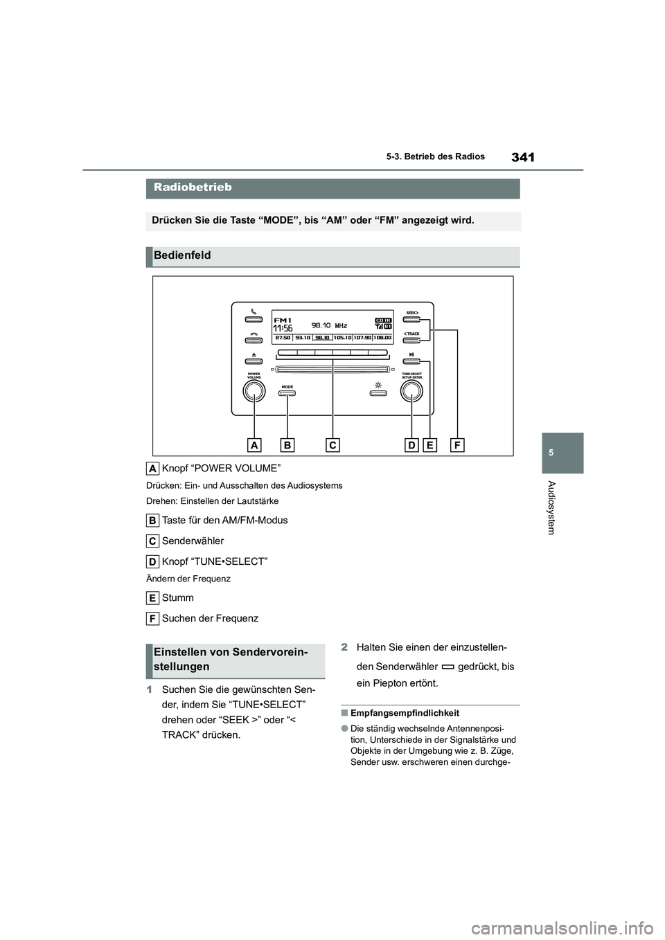 TOYOTA COROLLA 2022  Betriebsanleitungen (in German) 341
5 
5-3. Betrieb des Radios
Audiosystem
5-3.Betrieb des Radios
Knopf “POWER VOLUME”
Drücken: Ein- und Ausschalten des Audiosystems 
Drehen: Einstellen der Lautstärke
Taste für den AM/FM-Modu