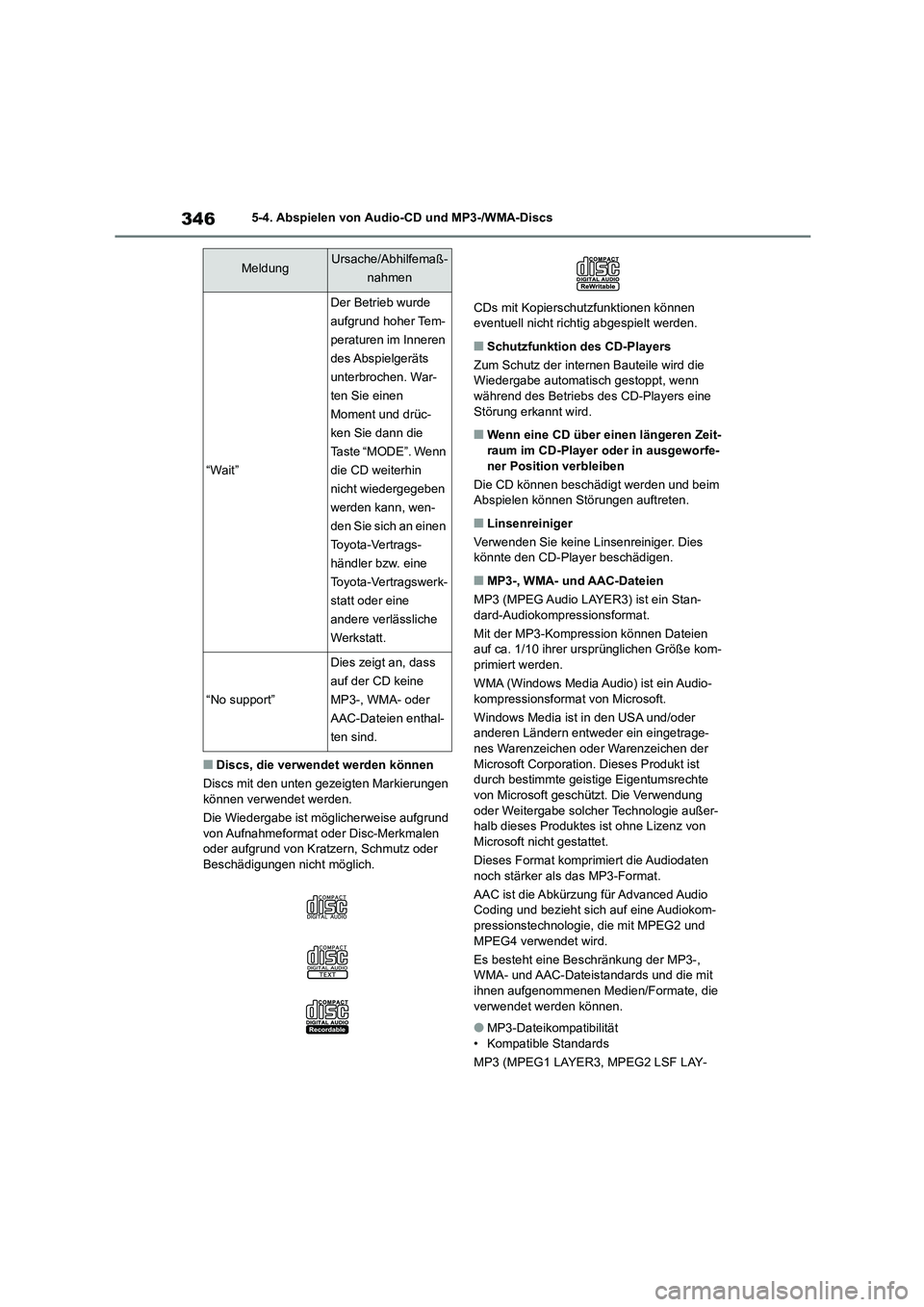 TOYOTA COROLLA 2022  Betriebsanleitungen (in German) 3465-4. Abspielen von Audio-CD und MP3-/WMA-Discs
■Discs, die verwendet werden können 
Discs mit den unten gezeigten Markierungen  
können verwendet werden. 
Die Wiedergabe ist möglicherweise auf