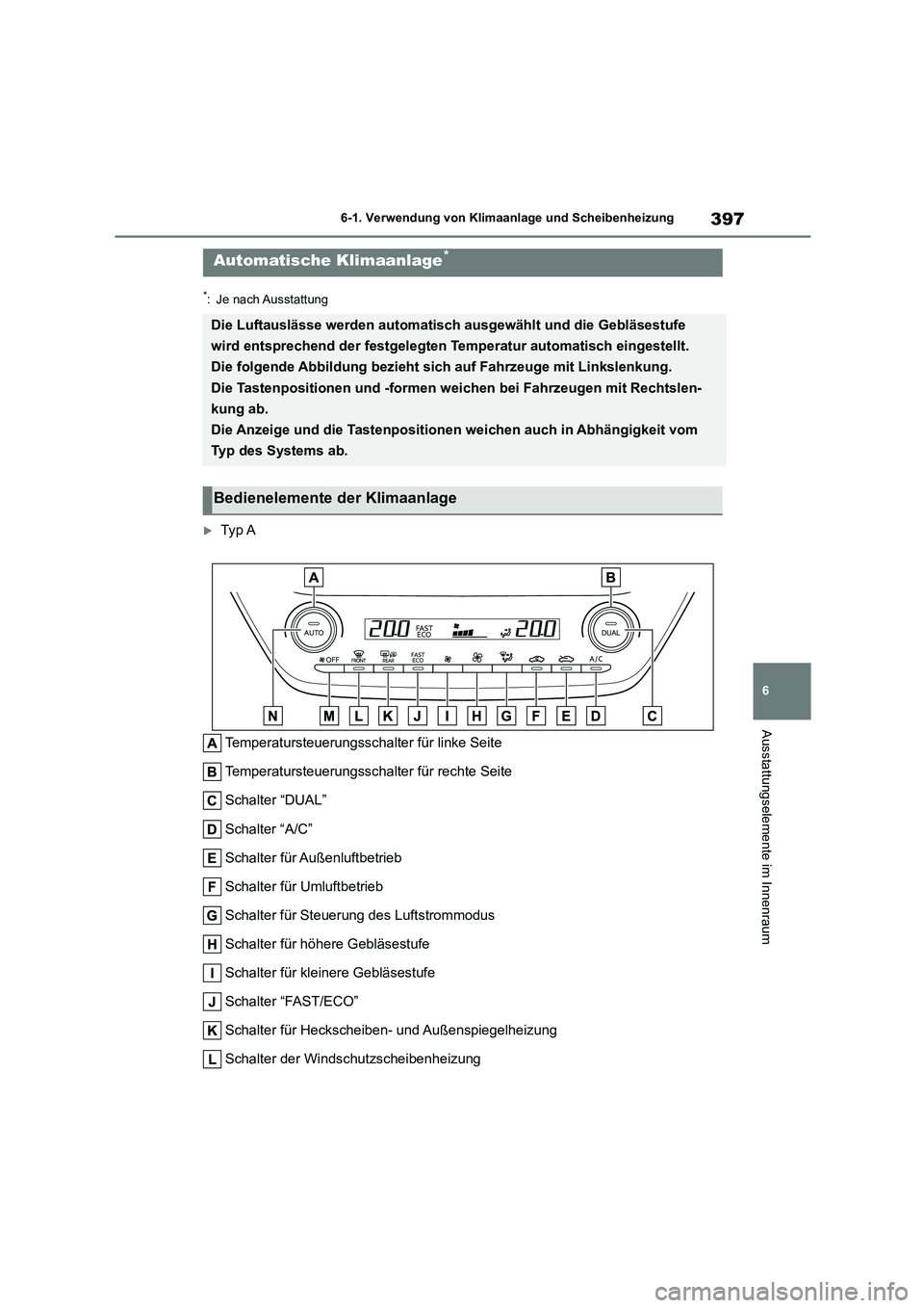 TOYOTA COROLLA 2022 Betriebsanleitungen (in German) 397
6
6-1. Verwendung von Klimaanlage und Scheibenheizung
Ausstattungselemente im Innenraum
*: Je nach Ausstattung
Ty p A
Temperatursteuerungsschal ter für linke Seite
Temperatursteuerungsschal TOYOTA COROLLA 2022 Betriebsanleitungen (in German) 397
6
6-1. Verwendung von Klimaanlage und Scheibenheizung
Ausstattungselemente im Innenraum
*: Je nach Ausstattung
Ty p A
Temperatursteuerungsschal ter für linke Seite
Temperatursteuerungsschal