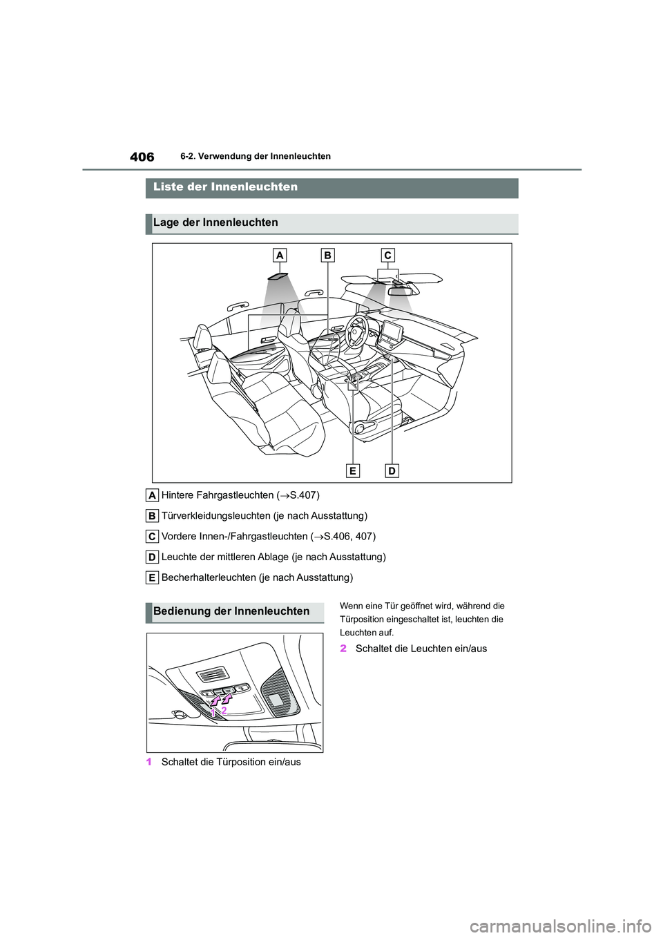 TOYOTA COROLLA 2022 Betriebsanleitungen (in German) 4066-2. Verwendung der Innenleuchten
6-2.Verwendung der Innenleuchten
Hintere Fahrgastleuchten (S.407)
Türverkleidungsleuchten (je nach Ausstattung)
Vordere Innen-/Fahrgastleuchten ( S.406, 40 TOYOTA COROLLA 2022 Betriebsanleitungen (in German) 4066-2. Verwendung der Innenleuchten
6-2.Verwendung der Innenleuchten
Hintere Fahrgastleuchten (S.407)
Türverkleidungsleuchten (je nach Ausstattung)
Vordere Innen-/Fahrgastleuchten ( S.406, 40