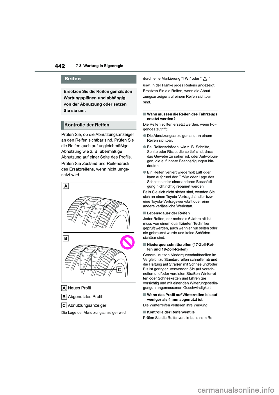 TOYOTA COROLLA 2022  Betriebsanleitungen (in German) 4427-3. Wartung in Eigenregie
Prüfen Sie, ob die Abnutzungsanzeiger  
an den Reifen sichtbar sind. Prüfen Sie 
die Reifen auch auf ungleichmäßige 
Abnutzung wie z. B. übermäßige 
Abnutzung auf 