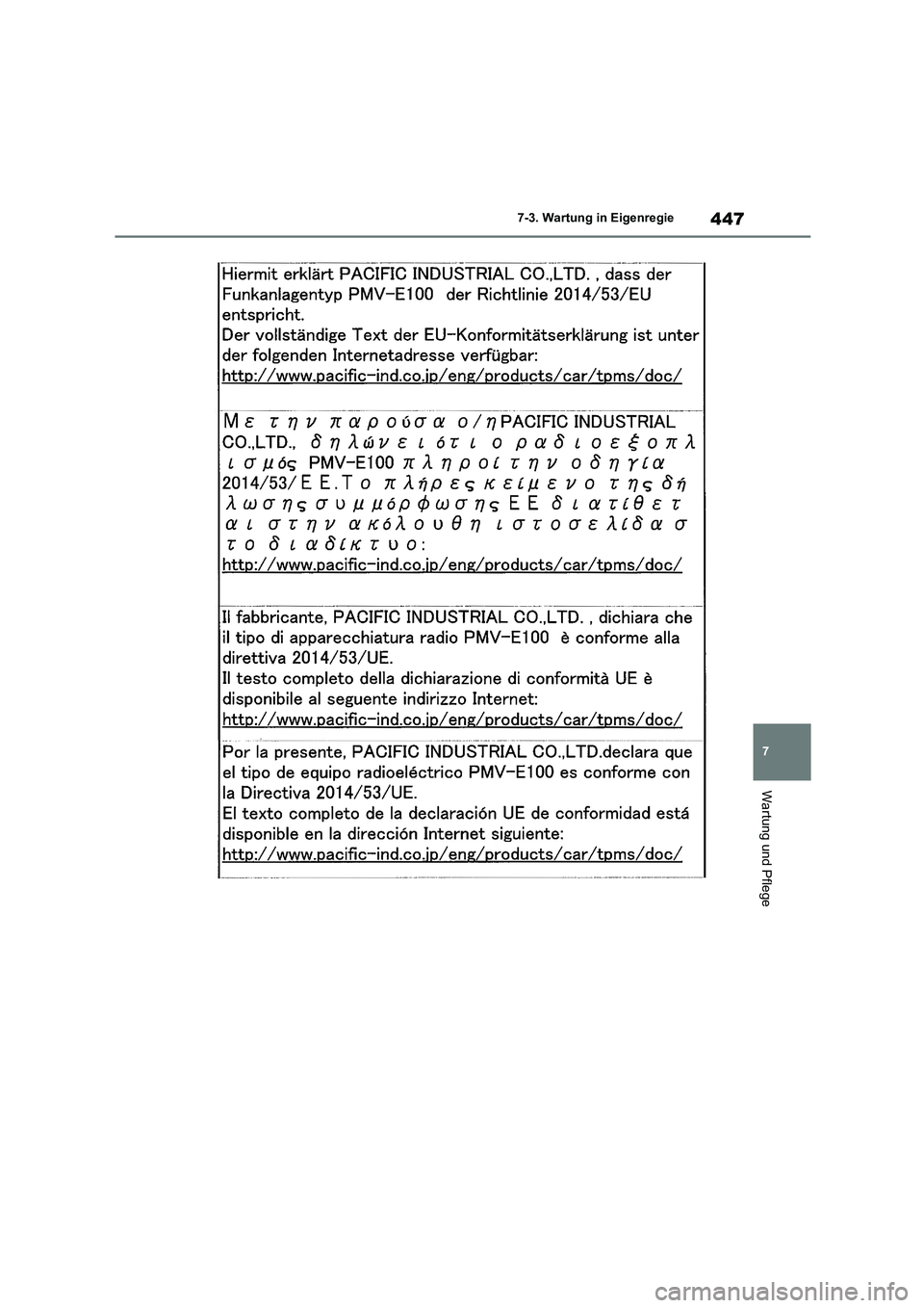 TOYOTA COROLLA 2022  Betriebsanleitungen (in German) 447
7 
7-3. Wartung in Eigenregie
Wartung und Pflege 