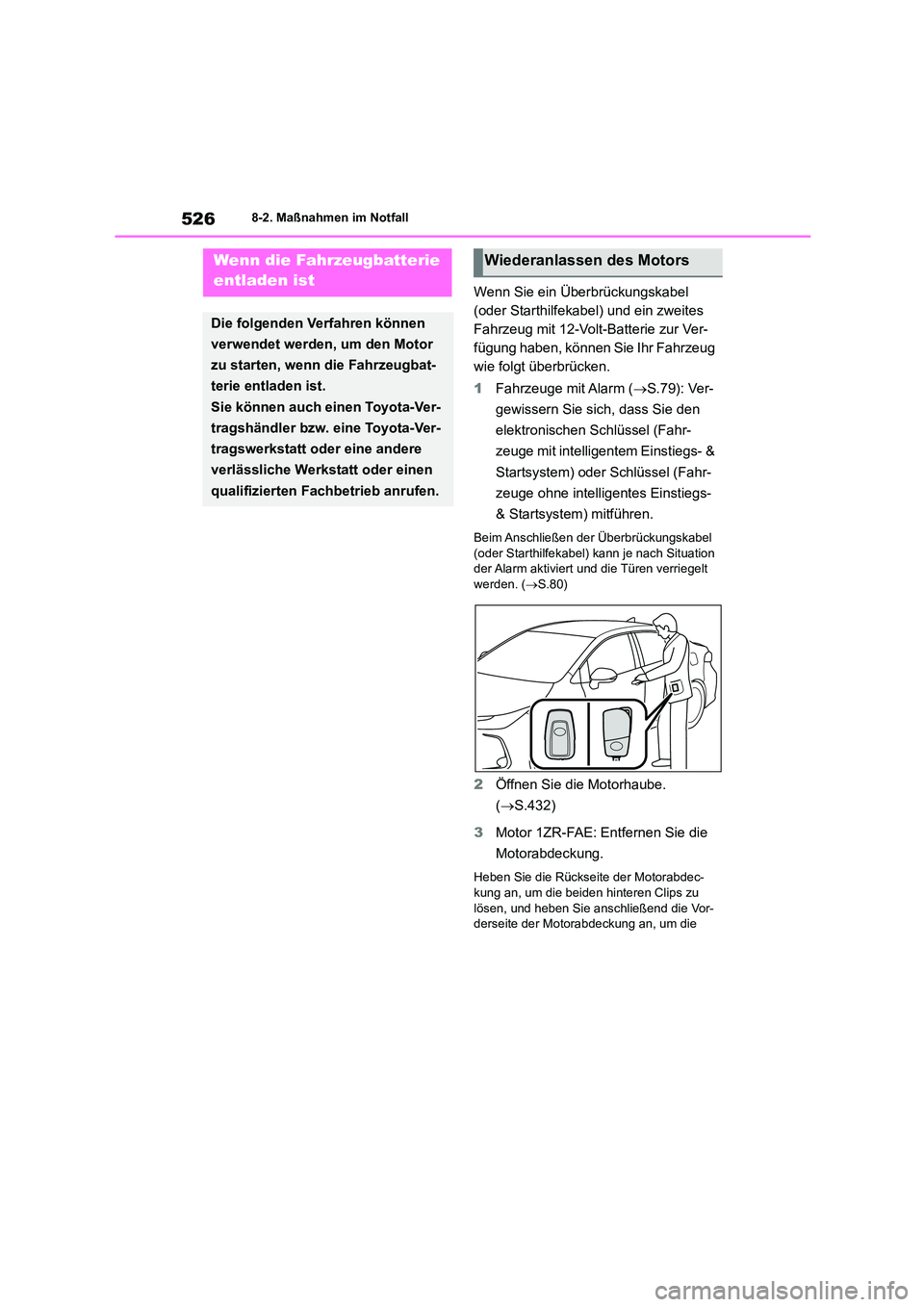 TOYOTA COROLLA 2022 Betriebsanleitungen (in German) 5268-2. Maßnahmen im Notfall
Wenn Sie ein Überbrückungskabel
(oder Starthilfekabel) und ein zweites
Fahrzeug mit 12-Volt-Batterie zur Ver-
fügung haben, können Sie Ihr Fahrzeug
wie folgt übe TOYOTA COROLLA 2022 Betriebsanleitungen (in German) 5268-2. Maßnahmen im Notfall
Wenn Sie ein Überbrückungskabel
(oder Starthilfekabel) und ein zweites
Fahrzeug mit 12-Volt-Batterie zur Ver-
fügung haben, können Sie Ihr Fahrzeug
wie folgt übe