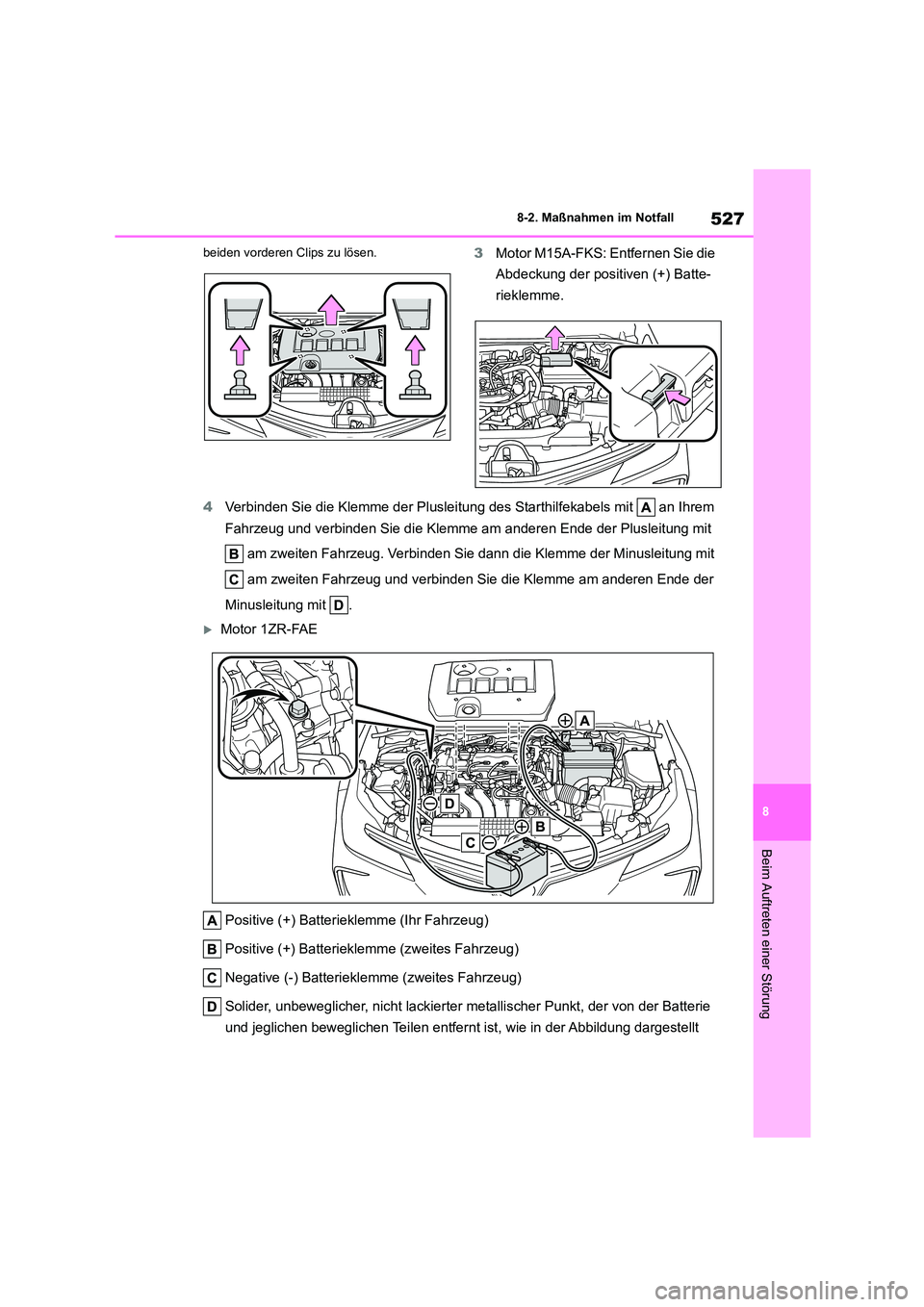 TOYOTA COROLLA 2022 Betriebsanleitungen (in German) 527
8
8-2. Maßnahmen im Notfall
Beim Auftreten einer Störung
beiden vorderen Clips zu lösen.3 Motor M15A-FKS: Entfernen Sie die
Abdeckung der positiven (+) Batte-
rieklemme.
4 Verbinden Sie die TOYOTA COROLLA 2022 Betriebsanleitungen (in German) 527
8
8-2. Maßnahmen im Notfall
Beim Auftreten einer Störung
beiden vorderen Clips zu lösen.3 Motor M15A-FKS: Entfernen Sie die
Abdeckung der positiven (+) Batte-
rieklemme.
4 Verbinden Sie die