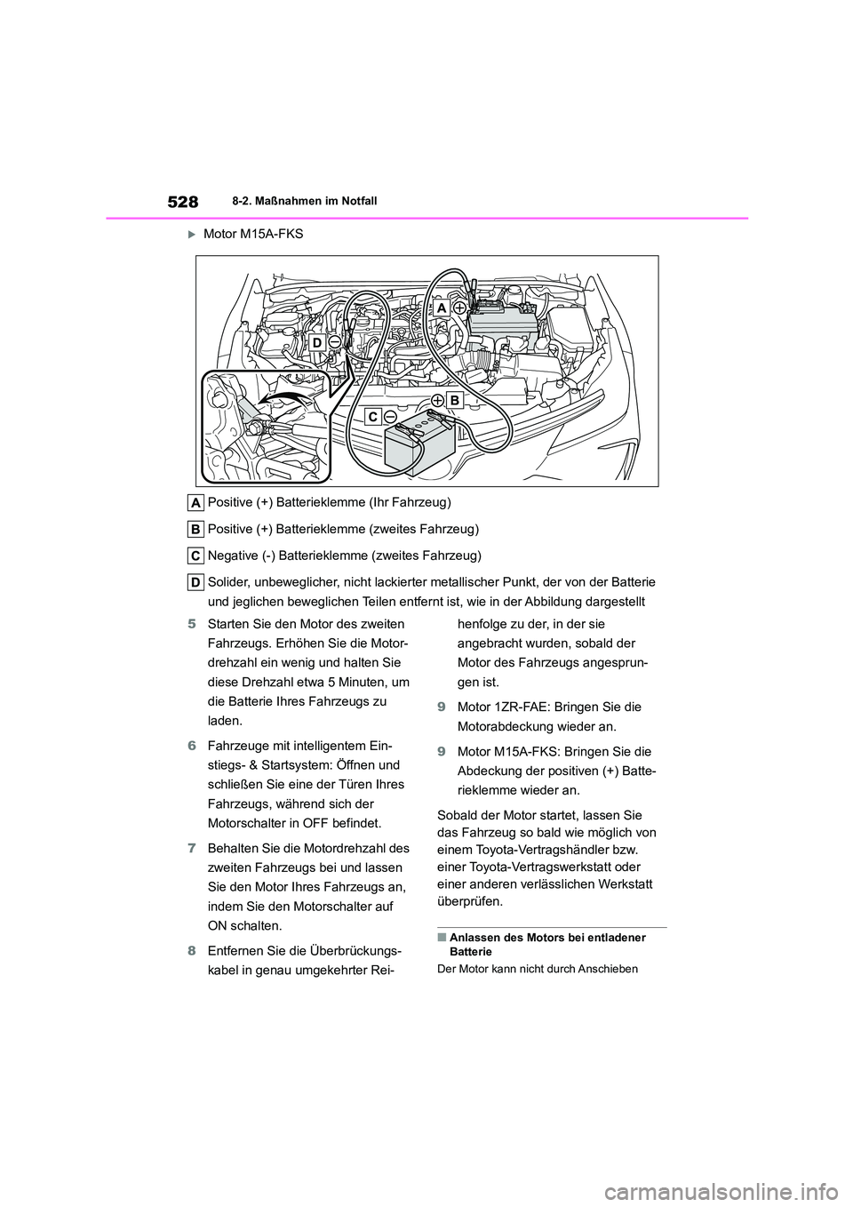 TOYOTA COROLLA 2022 Betriebsanleitungen (in German) 5288-2. Maßnahmen im Notfall
Motor M15A-FKS
Positive (+) Batteriekl emme (Ihr Fahrzeug)
Positive (+) Batterieklemme (zweites Fahrzeug)
Negative (-) Batteriekle mme (zweites Fahrzeug)
Solider, TOYOTA COROLLA 2022 Betriebsanleitungen (in German) 5288-2. Maßnahmen im Notfall
Motor M15A-FKS
Positive (+) Batteriekl emme (Ihr Fahrzeug)
Positive (+) Batterieklemme (zweites Fahrzeug)
Negative (-) Batteriekle mme (zweites Fahrzeug)
Solider,