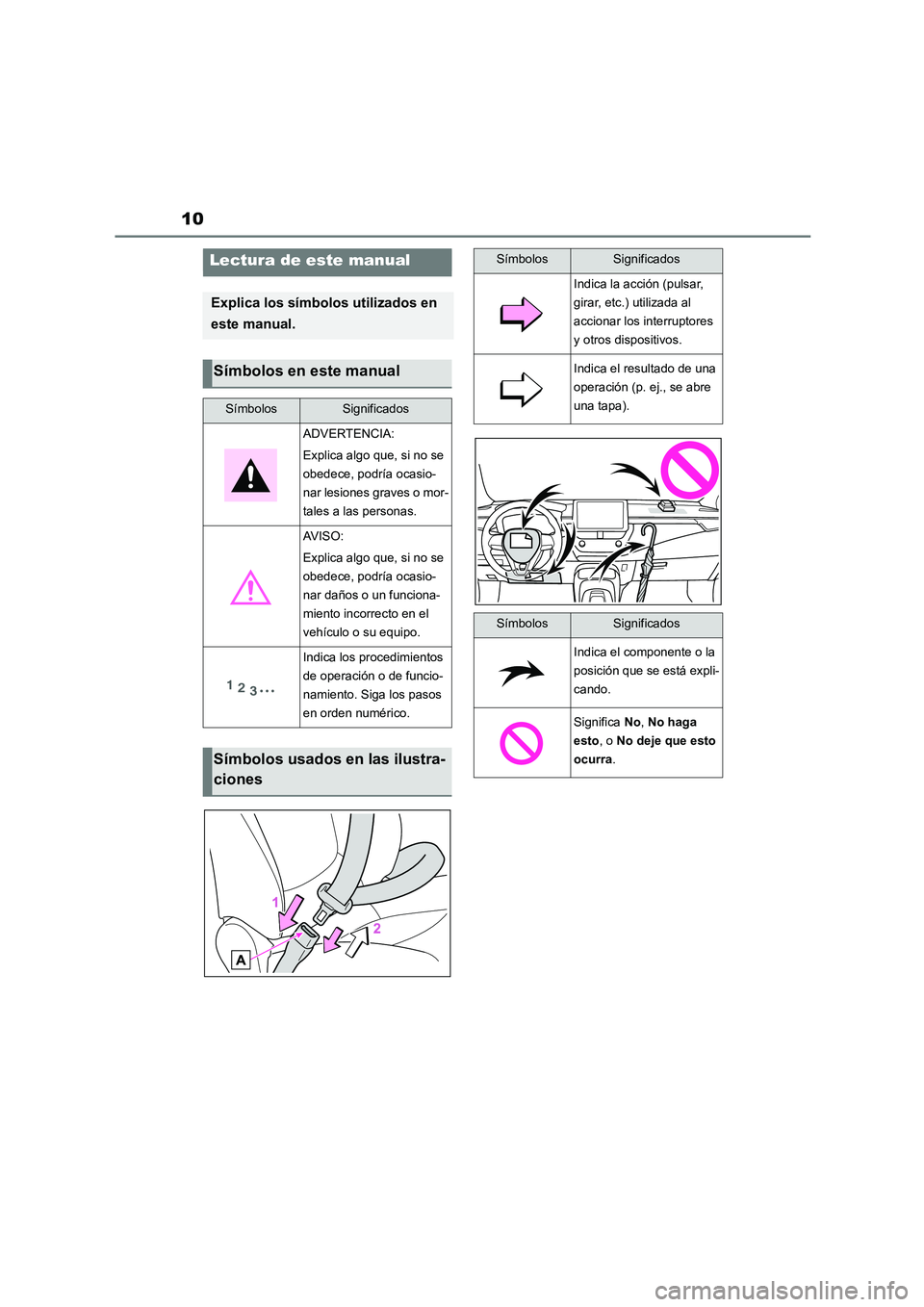 TOYOTA COROLLA 2022 Manuale de Empleo (in Spanish) 10
Lectura de este manual
Explica los símbolos utilizados en
este manual.
Símbolos en este manual
SímbolosSignificados
ADVERTENCIA:
Explica algo que, si no se
obedece, podría ocasio-
nar lesi TOYOTA COROLLA 2022 Manuale de Empleo (in Spanish) 10
Lectura de este manual
Explica los símbolos utilizados en
este manual.
Símbolos en este manual
SímbolosSignificados
ADVERTENCIA:
Explica algo que, si no se
obedece, podría ocasio-
nar lesi