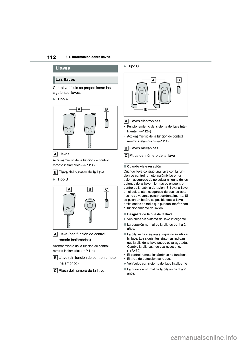 TOYOTA COROLLA 2022 Manuale de Empleo (in Spanish) 1123-1. Información sobre llaves
3-1.Información sobre llaves
Con el vehículo se proporcionan las
siguientes llaves.
Tipo A
Llaves
Accionamiento de la función de control
remoto inalámbric TOYOTA COROLLA 2022 Manuale de Empleo (in Spanish) 1123-1. Información sobre llaves
3-1.Información sobre llaves
Con el vehículo se proporcionan las
siguientes llaves.
Tipo A
Llaves
Accionamiento de la función de control
remoto inalámbric