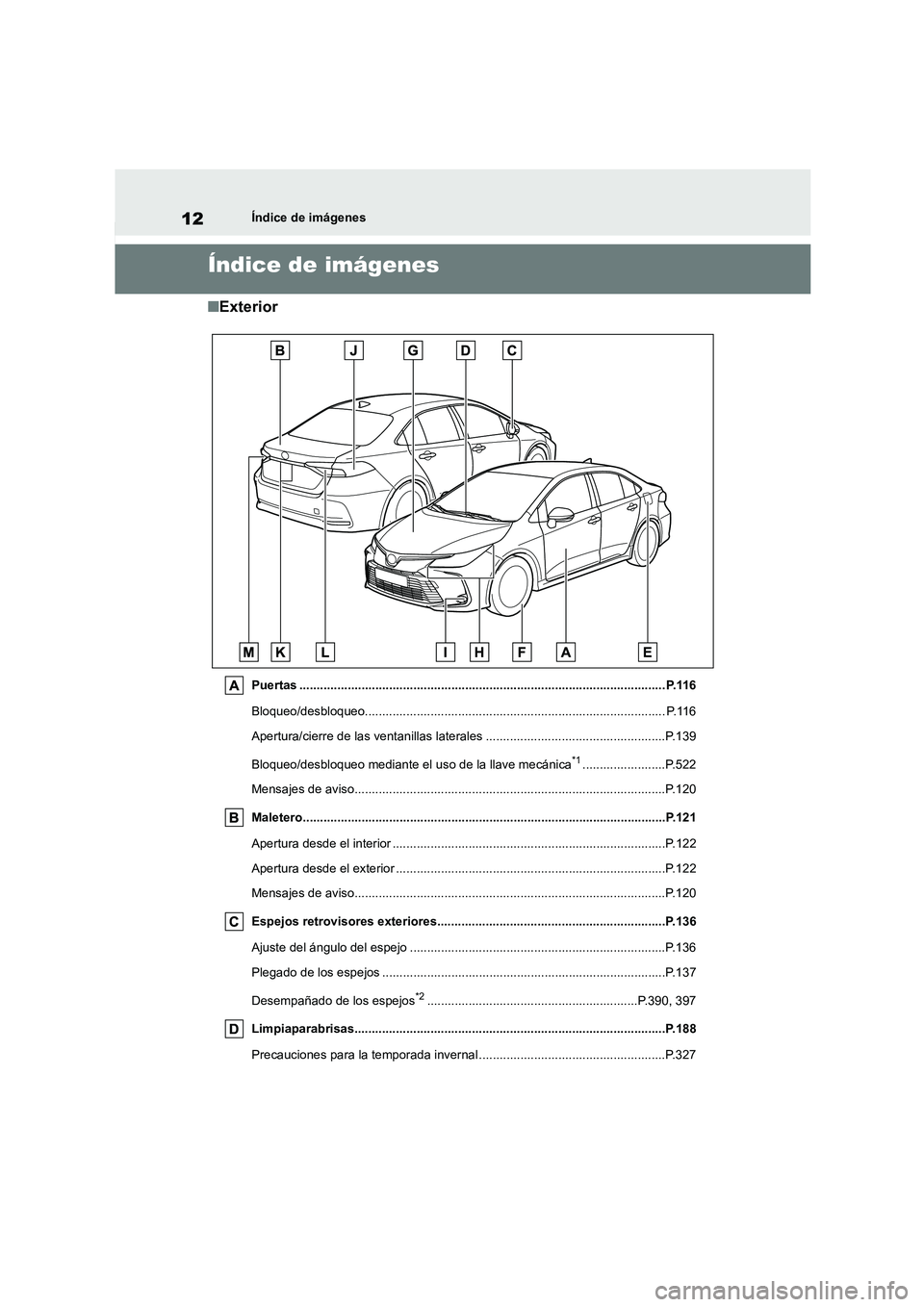 TOYOTA COROLLA 2022 Manuale de Empleo (in Spanish) 12Índice de imágenes
Índice de imágenes
■Exterior
Puertas .......................................................................................................... P.116
Bloqueo/desbloqueo.... TOYOTA COROLLA 2022 Manuale de Empleo (in Spanish) 12Índice de imágenes
Índice de imágenes
■Exterior
Puertas .......................................................................................................... P.116
Bloqueo/desbloqueo....