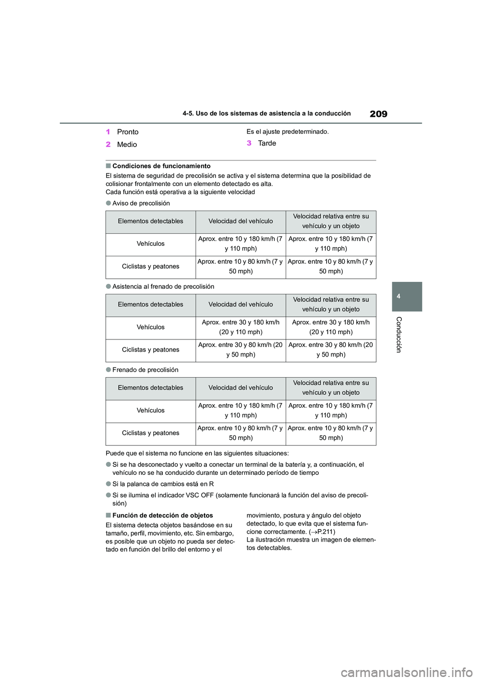 TOYOTA COROLLA 2022  Manuale de Empleo (in Spanish) 209
4 
4-5. Uso de los sistemas de asistencia a la conducción
Conducción
1 Pronto 
2 Medio
Es el ajuste predeterminado.
3Ta r d e
■Condiciones de funcionamiento 
El sistema de seguridad de precoli