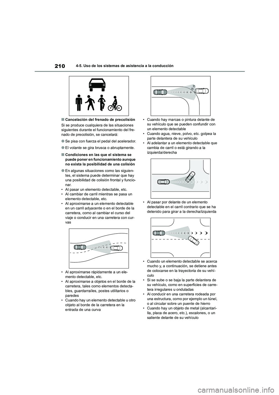 TOYOTA COROLLA 2022  Manuale de Empleo (in Spanish) 2104-5. Uso de los sistemas de asistencia a la conducción
■Cancelación del frenado de precolisión 
Si se produce cualquiera de las situaciones  siguientes durante el funcionamiento del fre- 
nado