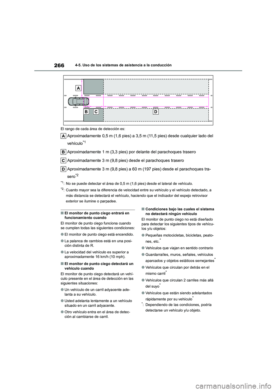 TOYOTA COROLLA 2022 Manuale de Empleo (in Spanish) 2664-5. Uso de los sistemas de asistencia a la conducción
El rango de cada área de detección es:
Aproximadamente 0,5 m (1,6 pies) a 3,5 m (11,5 pies) desde cualquier lado del
vehículo*1
Aproxim TOYOTA COROLLA 2022 Manuale de Empleo (in Spanish) 2664-5. Uso de los sistemas de asistencia a la conducción
El rango de cada área de detección es:
Aproximadamente 0,5 m (1,6 pies) a 3,5 m (11,5 pies) desde cualquier lado del
vehículo*1
Aproxim