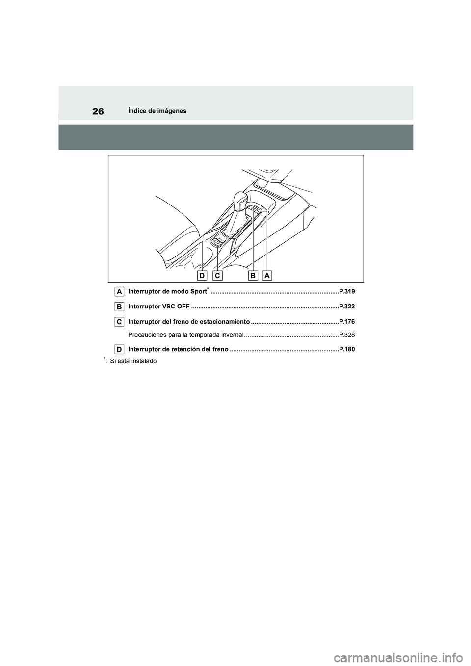 TOYOTA COROLLA 2022  Manuale de Empleo (in Spanish) 26Índice de imágenes 
Interruptor de modo Sport*.........................................................................P.319 
Interruptor VSC OFF ..................................................