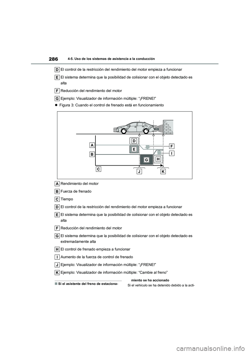 TOYOTA COROLLA 2022 Manuale de Empleo (in Spanish) 2864-5. Uso de los sistemas de asistencia a la conducción
El control de la restricción del rendimiento del motor empieza a funcionar
El sistema determina que la posibilidad de colisionar con el ob TOYOTA COROLLA 2022 Manuale de Empleo (in Spanish) 2864-5. Uso de los sistemas de asistencia a la conducción
El control de la restricción del rendimiento del motor empieza a funcionar
El sistema determina que la posibilidad de colisionar con el ob