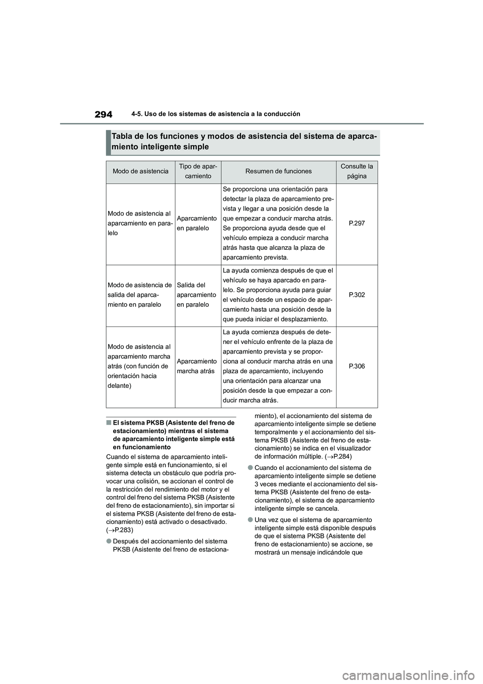 TOYOTA COROLLA 2022  Manuale de Empleo (in Spanish) 2944-5. Uso de los sistemas de asistencia a la conducción
■El sistema PKSB (Asistente del freno de  
estacionamiento) mientras el sistema 
de aparcamiento inteligente simple está  en funcionamient