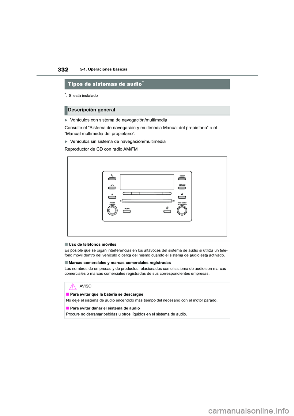TOYOTA COROLLA 2022 Manuale de Empleo (in Spanish) 3325-1. Operaciones básicas
5-1.Operaciones básicas
*: Si está instalado
Vehículos con sistema de navegación/multimedia
Consulte el “Sistema de navegación y multimedia Manual del propietar TOYOTA COROLLA 2022 Manuale de Empleo (in Spanish) 3325-1. Operaciones básicas
5-1.Operaciones básicas
*: Si está instalado
Vehículos con sistema de navegación/multimedia
Consulte el “Sistema de navegación y multimedia Manual del propietar