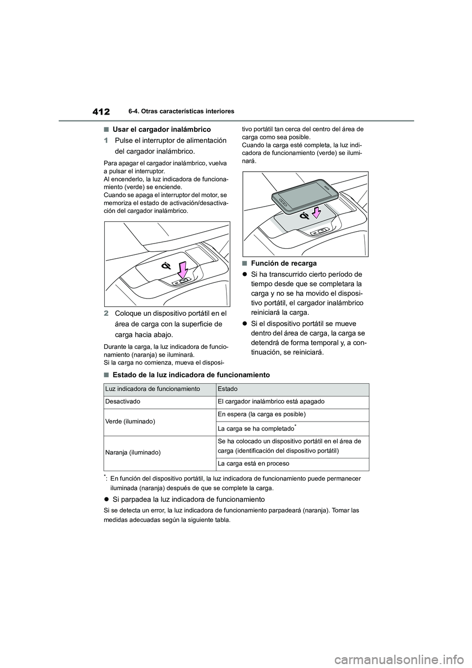 TOYOTA COROLLA 2022 Manuale de Empleo (in Spanish) 4126-4. Otras características interiores
■Usar el cargador inalámbrico
1 Pulse el interruptor de alimentación
del cargador inalámbrico.
Para apagar el cargador inalámbrico, vuelva
a pulsar TOYOTA COROLLA 2022 Manuale de Empleo (in Spanish) 4126-4. Otras características interiores
■Usar el cargador inalámbrico
1 Pulse el interruptor de alimentación
del cargador inalámbrico.
Para apagar el cargador inalámbrico, vuelva
a pulsar
