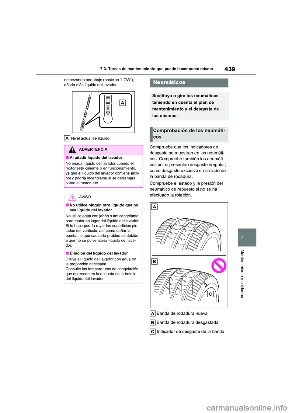 TOYOTA COROLLA 2022 Manuale de Empleo (in Spanish) 439
7
7-3. Tareas de mantenimiento que puede hacer usted mismo
Mantenimiento y cuidados
empezando por abajo (posición “LOW”), añada más líquido del lavador.
Nivel actual de líquido
Comprue TOYOTA COROLLA 2022 Manuale de Empleo (in Spanish) 439
7
7-3. Tareas de mantenimiento que puede hacer usted mismo
Mantenimiento y cuidados
empezando por abajo (posición “LOW”), añada más líquido del lavador.
Nivel actual de líquido
Comprue