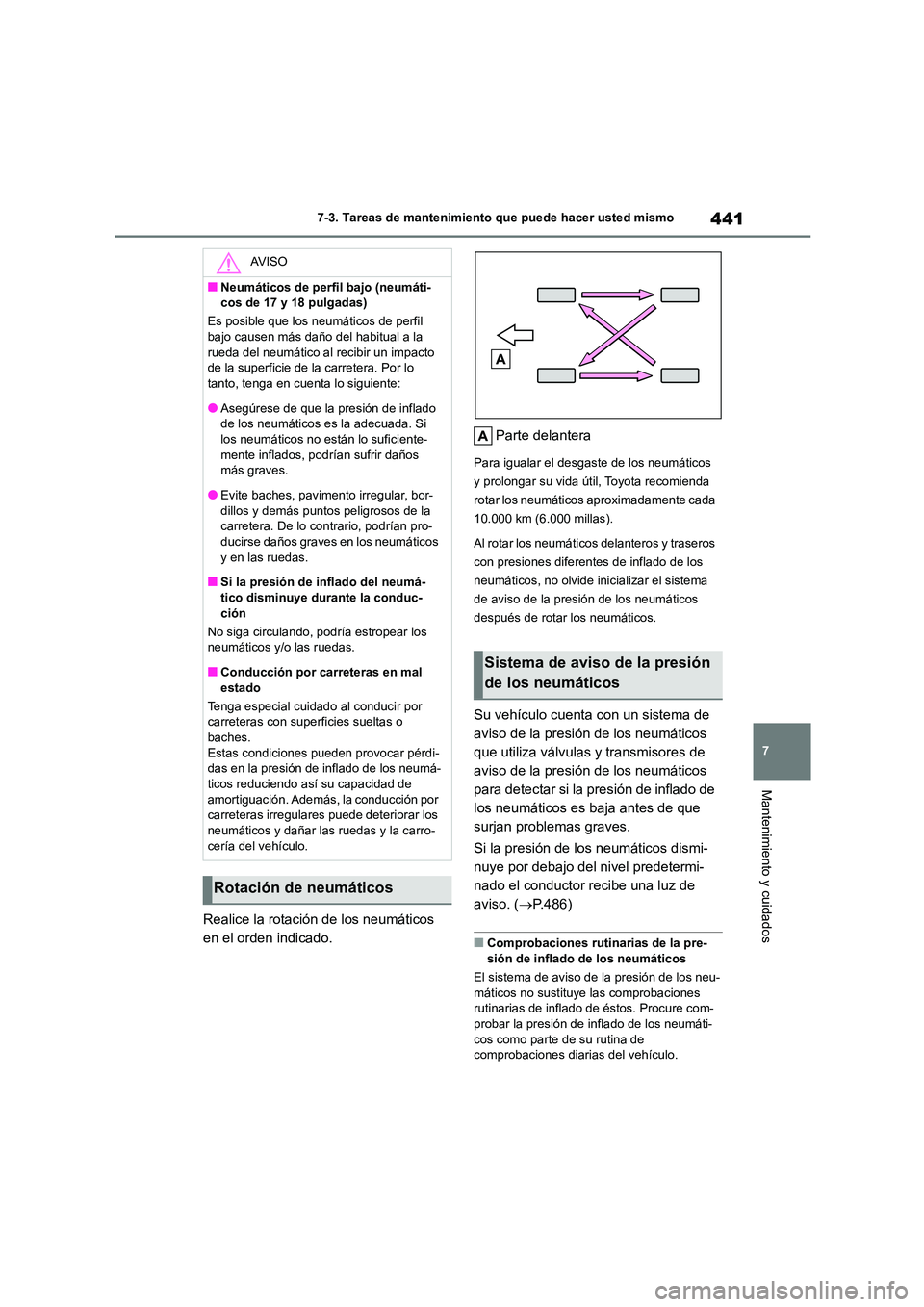 TOYOTA COROLLA 2022 Manuale de Empleo (in Spanish) 441
7
7-3. Tareas de mantenimiento que puede hacer usted mismo
Mantenimiento y cuidados
Realice la rotación de los neumáticos
en el orden indicado.
Parte delantera
Para igualar el desgaste de lo TOYOTA COROLLA 2022 Manuale de Empleo (in Spanish) 441
7
7-3. Tareas de mantenimiento que puede hacer usted mismo
Mantenimiento y cuidados
Realice la rotación de los neumáticos
en el orden indicado.
Parte delantera
Para igualar el desgaste de lo