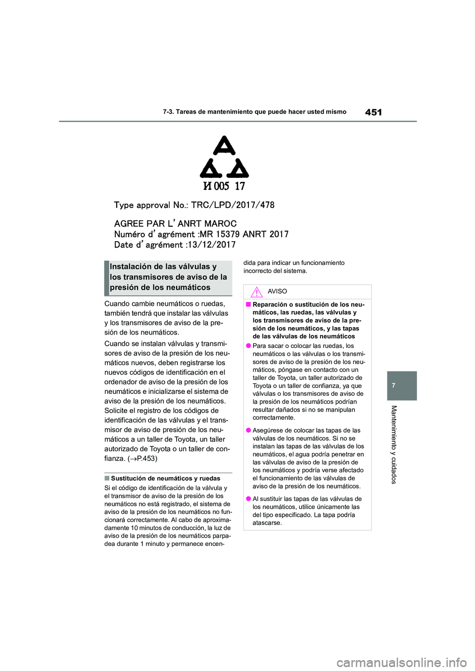 TOYOTA COROLLA 2022 Manuale de Empleo (in Spanish) 451
7
7-3. Tareas de mantenimiento que puede hacer usted mismo
Mantenimiento y cuidados
Cuando cambie neumáticos o ruedas,
también tendrá que instalar las válvulas
y los transmisores de aviso TOYOTA COROLLA 2022 Manuale de Empleo (in Spanish) 451
7
7-3. Tareas de mantenimiento que puede hacer usted mismo
Mantenimiento y cuidados
Cuando cambie neumáticos o ruedas,
también tendrá que instalar las válvulas
y los transmisores de aviso