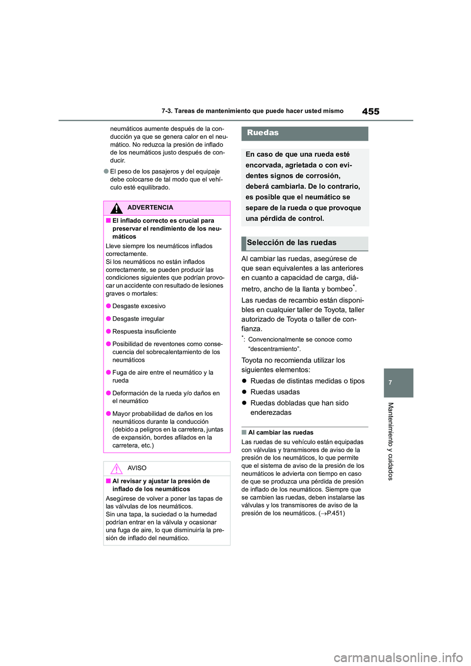 TOYOTA COROLLA 2022 Manuale de Empleo (in Spanish) 455
7
7-3. Tareas de mantenimiento que puede hacer usted mismo
Mantenimiento y cuidados
neumáticos aumente después de la con- ducción ya que se genera calor en el neu-
mático. No reduzca la pres TOYOTA COROLLA 2022 Manuale de Empleo (in Spanish) 455
7
7-3. Tareas de mantenimiento que puede hacer usted mismo
Mantenimiento y cuidados
neumáticos aumente después de la con- ducción ya que se genera calor en el neu-
mático. No reduzca la pres