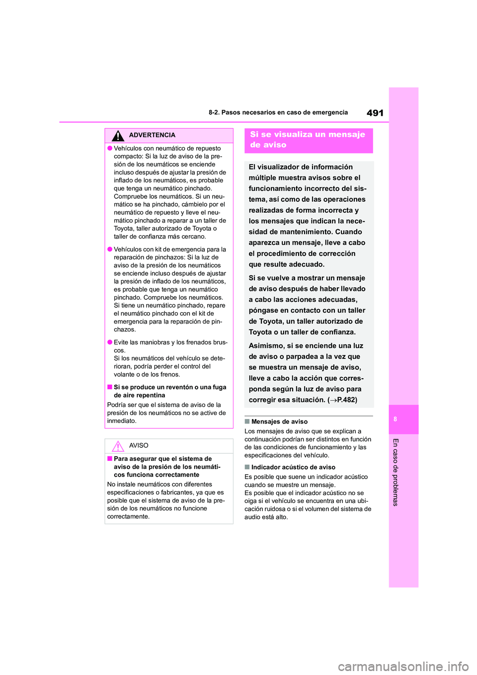 TOYOTA COROLLA 2022  Manuale de Empleo (in Spanish) 491
8 
8-2. Pasos necesarios en caso de emergencia
En caso de problemas
■Mensajes de aviso 
Los mensajes de aviso que se explican a  
continuación podrían ser distintos en función  de las condici