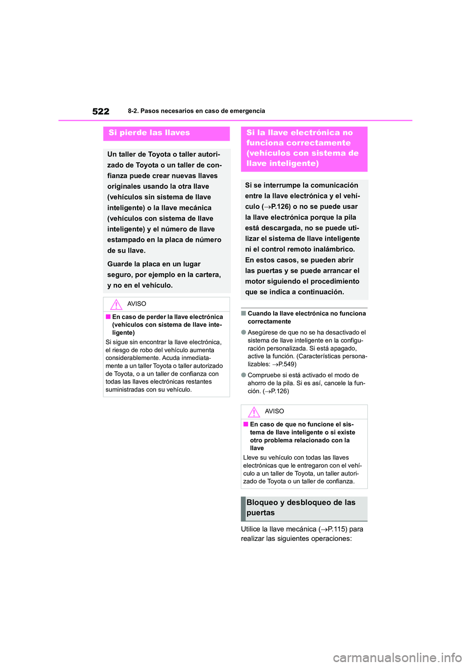 TOYOTA COROLLA 2022  Manuale de Empleo (in Spanish) 5228-2. Pasos necesarios en caso de emergencia
■Cuando la llave electrónica no funciona  correctamente
●Asegúrese de que no se ha desactivado el sistema de llave inteligente en la configu- 
raci