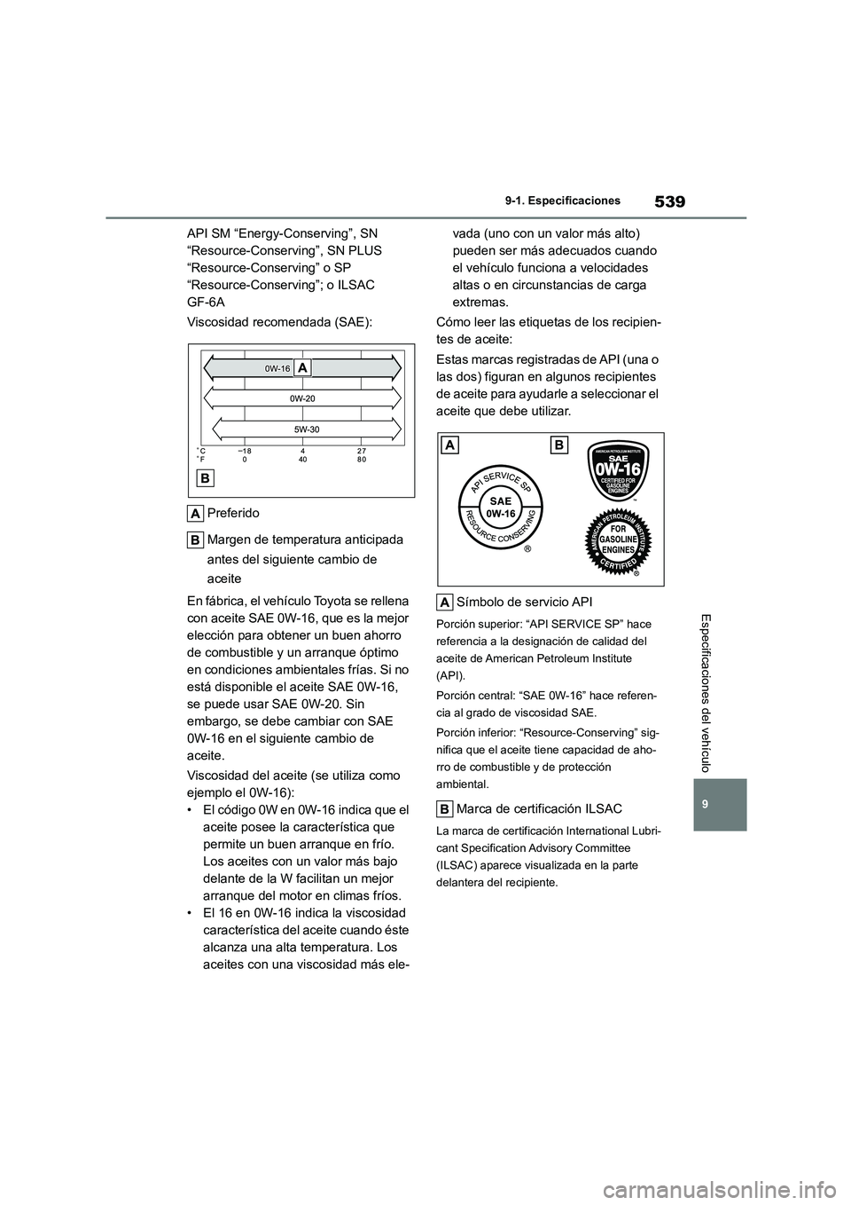 TOYOTA COROLLA 2022  Manuale de Empleo (in Spanish) 539
9 
9-1. Especificaciones
Especificaciones del vehículo
API SM “Energy-Conserving”, SN  
“Resource-Conserving”, SN PLUS 
“Resource-Conserving” o SP 
“Resource-Conserving”; o ILSAC 
