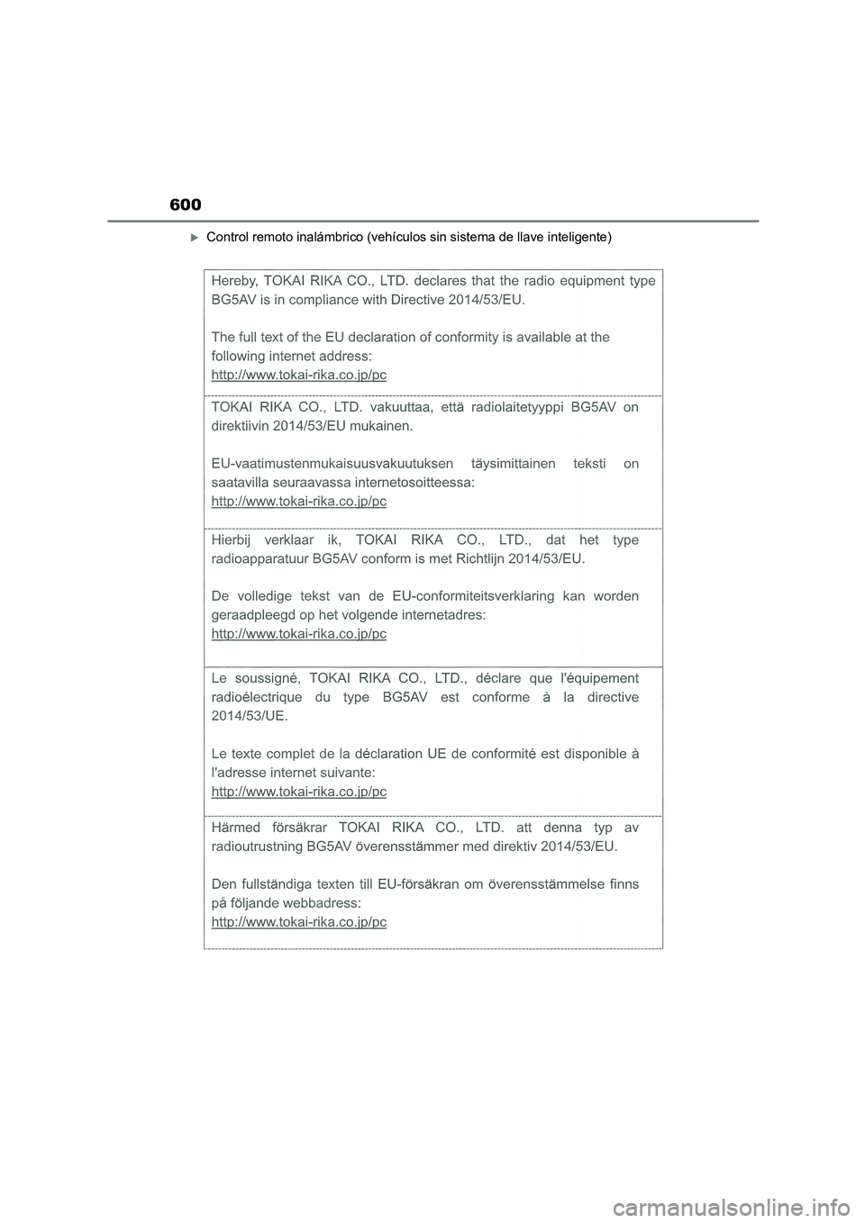TOYOTA COROLLA 2022  Manuale de Empleo (in Spanish) 600
Control remoto inalámbrico (vehículos sin sistema de llave inteligente) 