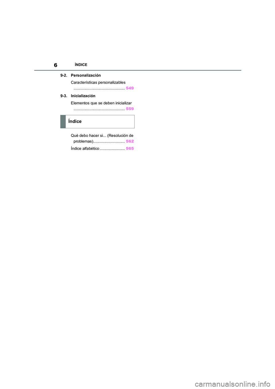 TOYOTA COROLLA 2022  Manuale de Empleo (in Spanish) 6ÍNDICE
9-2. Personalización 
Características personalizables 
............................................... 549 
9-3. Inicialización 
Elementos que se deben inicializar 
.......................