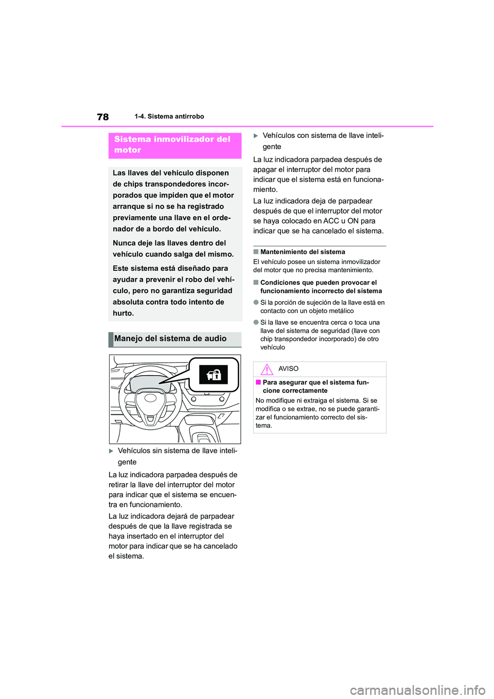 TOYOTA COROLLA 2022 Manuale de Empleo (in Spanish) 781-4. Sistema antirrobo
1-4.Sistema antirrobo
Vehículos sin sistema de llave inteli-
gente
La luz indicadora parpadea después de
retirar la llave del interruptor del motor
para indicar que TOYOTA COROLLA 2022 Manuale de Empleo (in Spanish) 781-4. Sistema antirrobo
1-4.Sistema antirrobo
Vehículos sin sistema de llave inteli-
gente
La luz indicadora parpadea después de
retirar la llave del interruptor del motor
para indicar que
