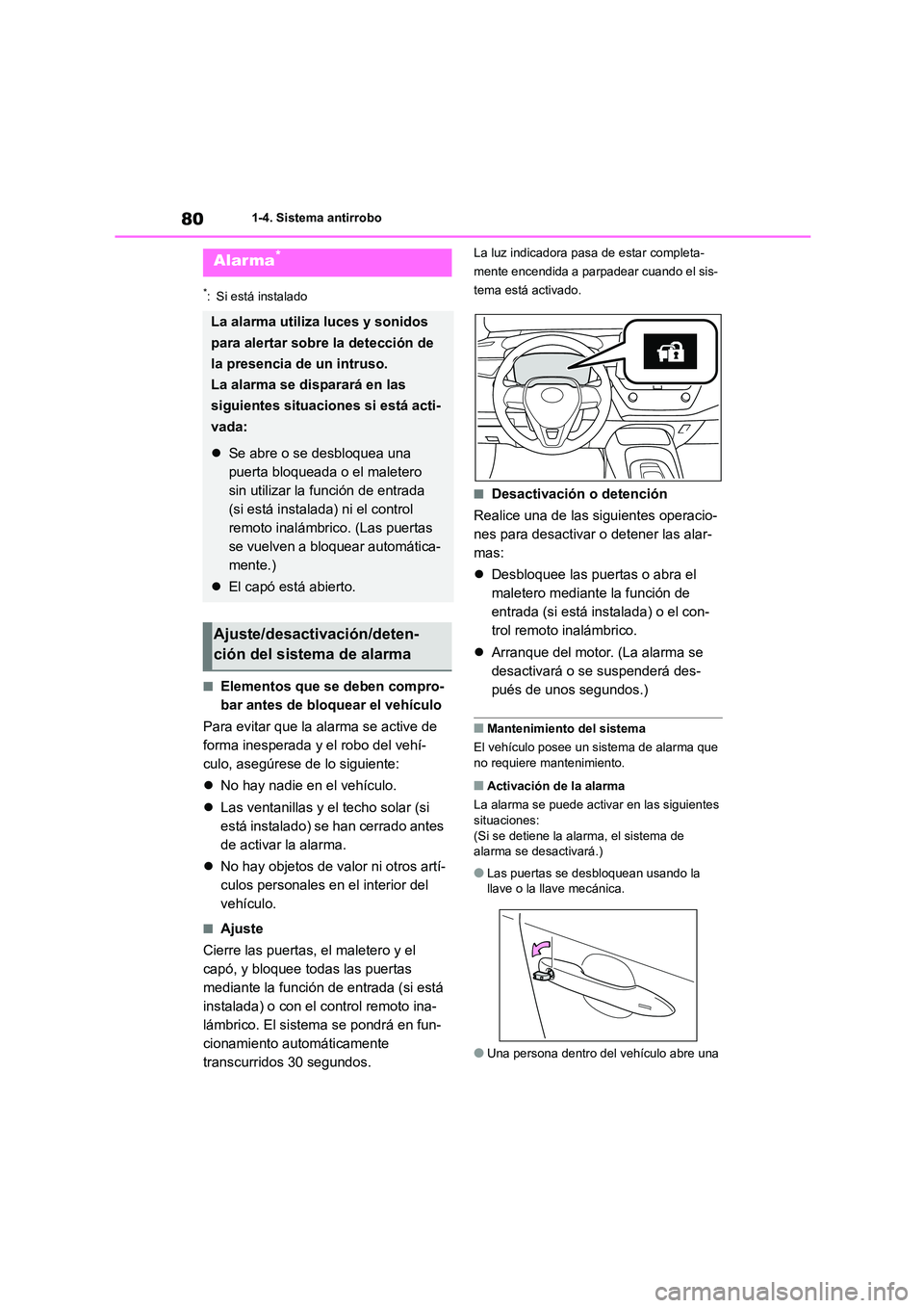 TOYOTA COROLLA 2022 Manuale de Empleo (in Spanish) 801-4. Sistema antirrobo
*: Si está instalado
■Elementos que se deben compro-
bar antes de bloquear el vehículo
Para evitar que la alarma se active de
forma inesperada y el robo del vehí-
cul TOYOTA COROLLA 2022 Manuale de Empleo (in Spanish) 801-4. Sistema antirrobo
*: Si está instalado
■Elementos que se deben compro-
bar antes de bloquear el vehículo
Para evitar que la alarma se active de
forma inesperada y el robo del vehí-
cul