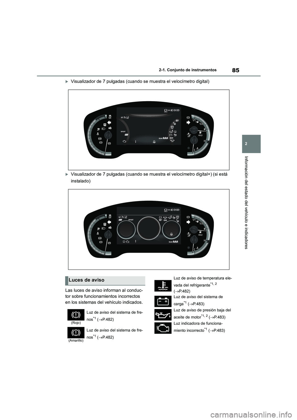 TOYOTA COROLLA 2022 Manuale de Empleo (in Spanish) 85
2
2-1. Conjunto de instrumentos
Información del estado del vehículo e indicadores
Visualizador de 7 pulgadas (cuando se muestra el velocímetro digital)
Visualizador de 7 pulgadas (cuando TOYOTA COROLLA 2022 Manuale de Empleo (in Spanish) 85
2
2-1. Conjunto de instrumentos
Información del estado del vehículo e indicadores
Visualizador de 7 pulgadas (cuando se muestra el velocímetro digital)
Visualizador de 7 pulgadas (cuando