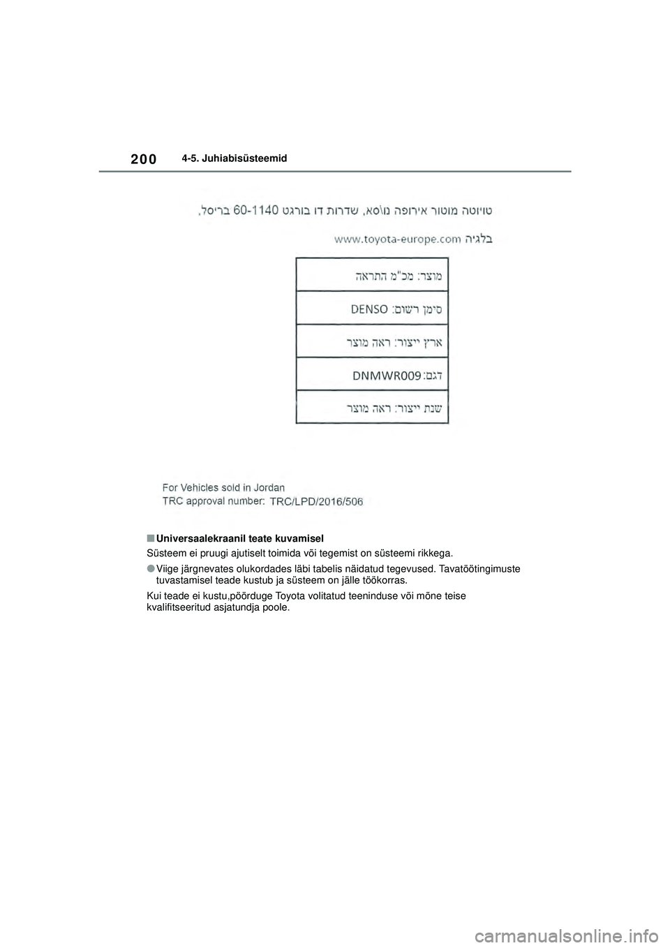TOYOTA COROLLA 2022  Kasutusjuhend (in Estonian) 2004-5. Juhiabisüsteemid
■Universaalekraanil teate kuvamisel
Süsteem ei pruugi ajutiselt toimida või tegemist on süsteemi rikkega.
●Viige järgnevates olukordades läbi tabelis näidatud tegev