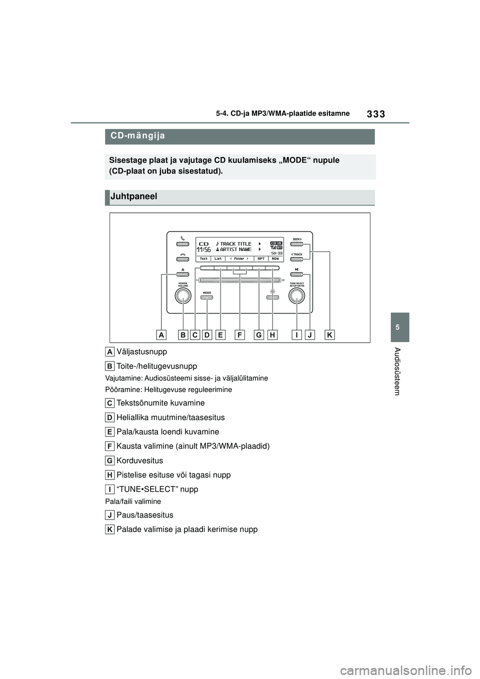 TOYOTA COROLLA 2022 Kasutusjuhend (in Estonian) 333
5
5-4. CD-ja MP3/WMA-plaatide esitamne
Audiosüsteem
5-4.CD-ja MP3/WMA-plaatide esitamne
Väljastusnupp
Toite-/helitugevusnupp
Vajutamine: Audiosüsteemi sisse- ja väljalülitamine
Pööramine: H TOYOTA COROLLA 2022 Kasutusjuhend (in Estonian) 333
5
5-4. CD-ja MP3/WMA-plaatide esitamne
Audiosüsteem
5-4.CD-ja MP3/WMA-plaatide esitamne
Väljastusnupp
Toite-/helitugevusnupp
Vajutamine: Audiosüsteemi sisse- ja väljalülitamine
Pööramine: H