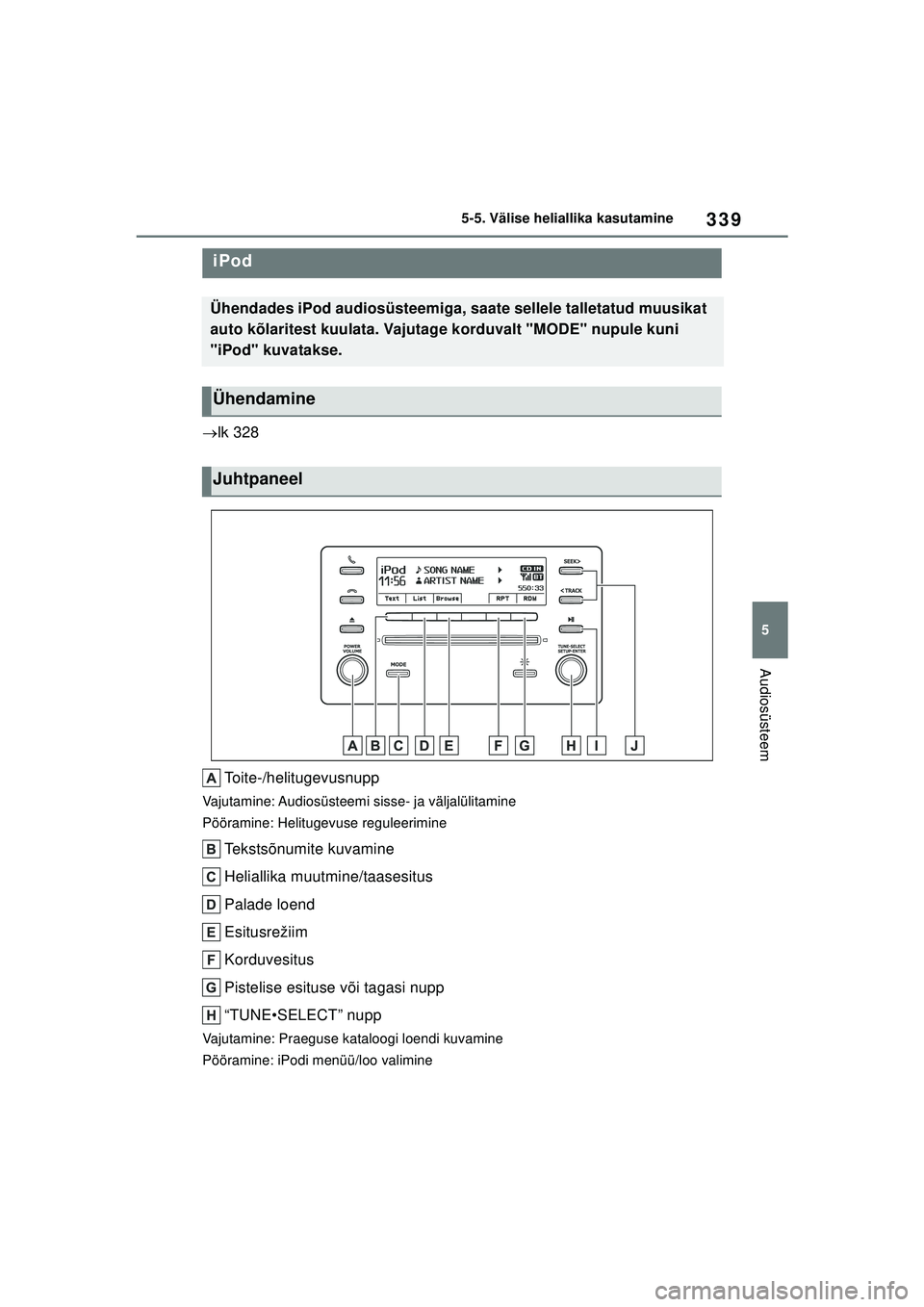 TOYOTA COROLLA 2022 Kasutusjuhend (in Estonian) 339
5
5-5. Välise heliallika kasutamine
Audiosüsteem
5-5.Välise heliallika kasutamine
lk 328
Toite-/helitugevusnupp
Vajutamine: Audiosüsteemi sisse- ja väljalülitamine
Pööramine: Helitugev TOYOTA COROLLA 2022 Kasutusjuhend (in Estonian) 339
5
5-5. Välise heliallika kasutamine
Audiosüsteem
5-5.Välise heliallika kasutamine
lk 328
Toite-/helitugevusnupp
Vajutamine: Audiosüsteemi sisse- ja väljalülitamine
Pööramine: Helitugev