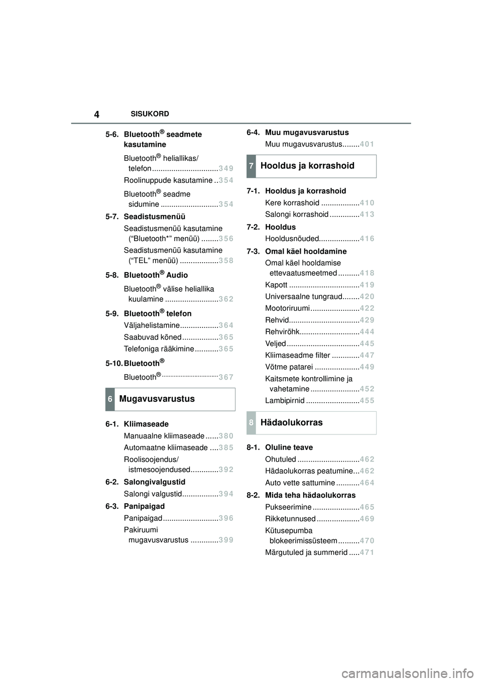 TOYOTA COROLLA 2022  Kasutusjuhend (in Estonian) 4SISUKORD
5-6. Bluetooth® seadmete 
kasutamine
Bluetooth
® heliallikas/
telefon ............................... 349
Roolinuppude kasutamine .. 354
Bluetooth
® seadme 
sidumine .....................