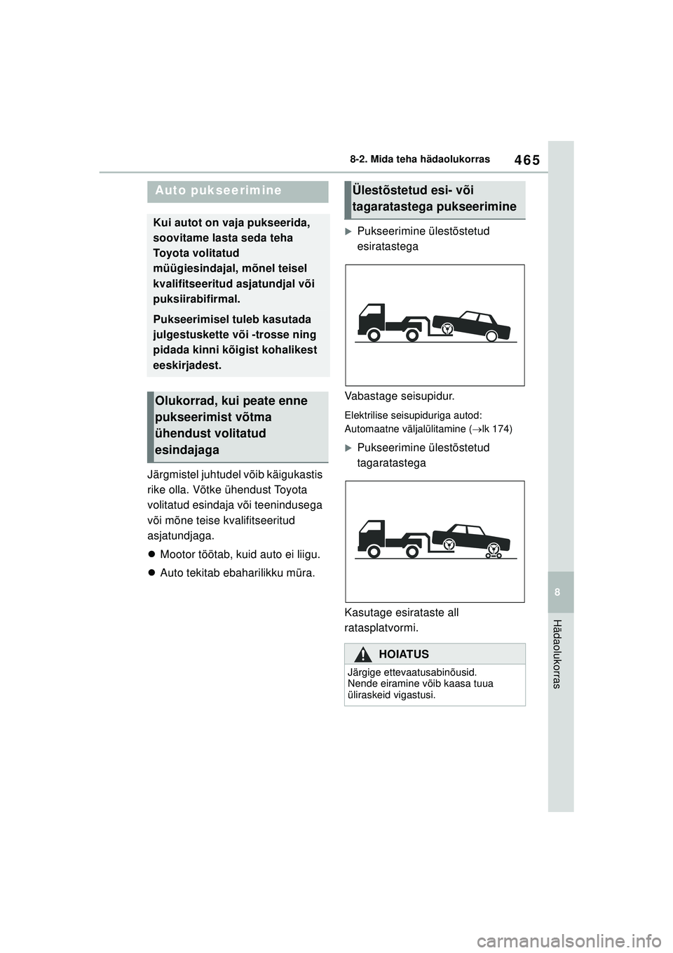 TOYOTA COROLLA 2022 Kasutusjuhend (in Estonian) 465
8
8-2. Mida teha hädaolukorras
Hädaolukorras
8 -2 .Mi da te ha hä dao luk orra s
Järgmistel juhtudel võib käigukastis
rike olla. Võtke ühendust Toyota
volitatud esindaja või teeninduse TOYOTA COROLLA 2022 Kasutusjuhend (in Estonian) 465
8
8-2. Mida teha hädaolukorras
Hädaolukorras
8 -2 .Mi da te ha hä dao luk orra s
Järgmistel juhtudel võib käigukastis
rike olla. Võtke ühendust Toyota
volitatud esindaja või teeninduse
