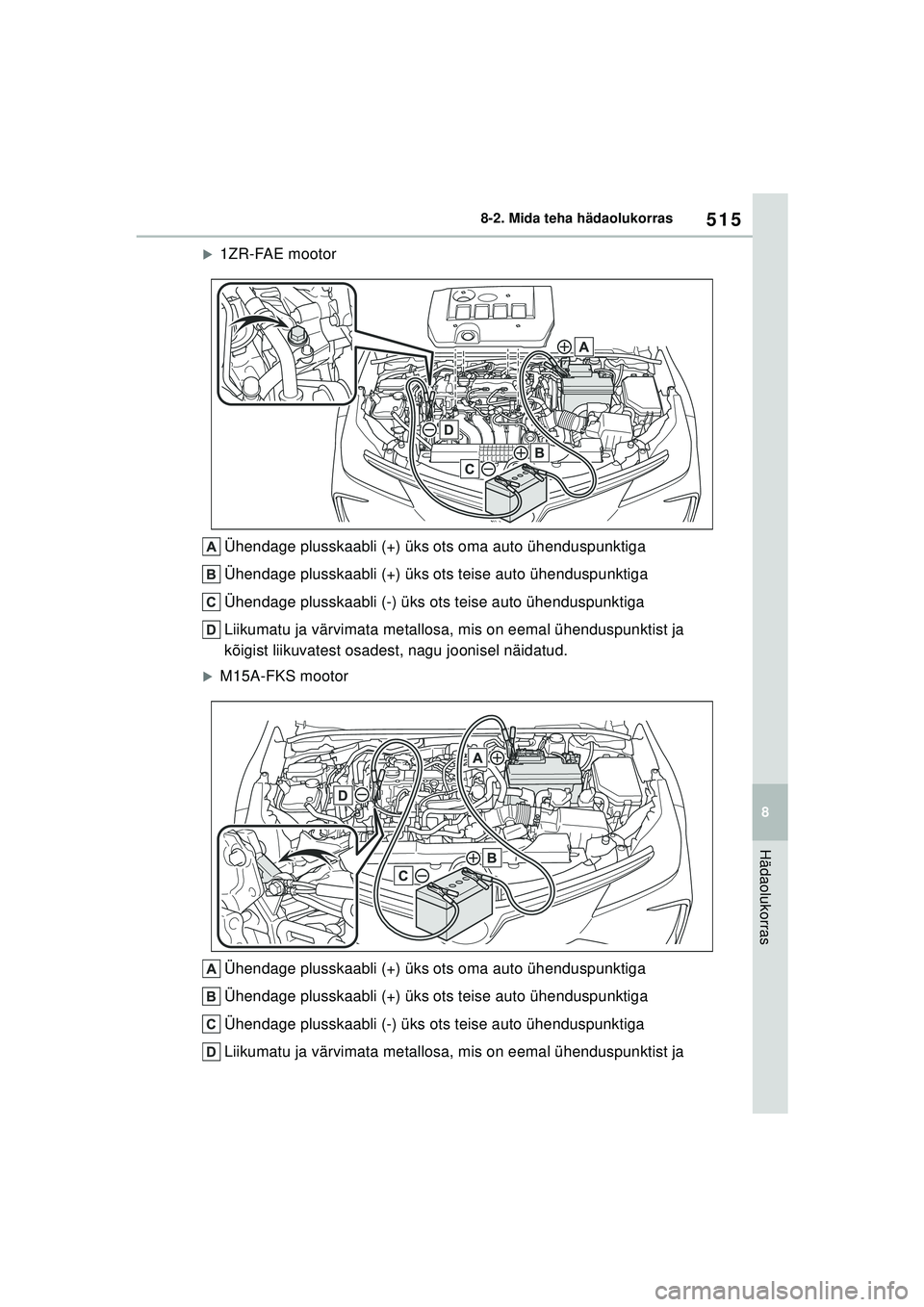 TOYOTA COROLLA 2022  Kasutusjuhend (in Estonian) 515
8
8-2. Mida teha hädaolukorras
Hädaolukorras
�X1ZR-FAE mootor
Ühendage plusskaabli (+) üks ots oma auto ühenduspunktiga
Ühendage plusskaabli (+) üks ots teise auto ühenduspunktiga
Ühendag
