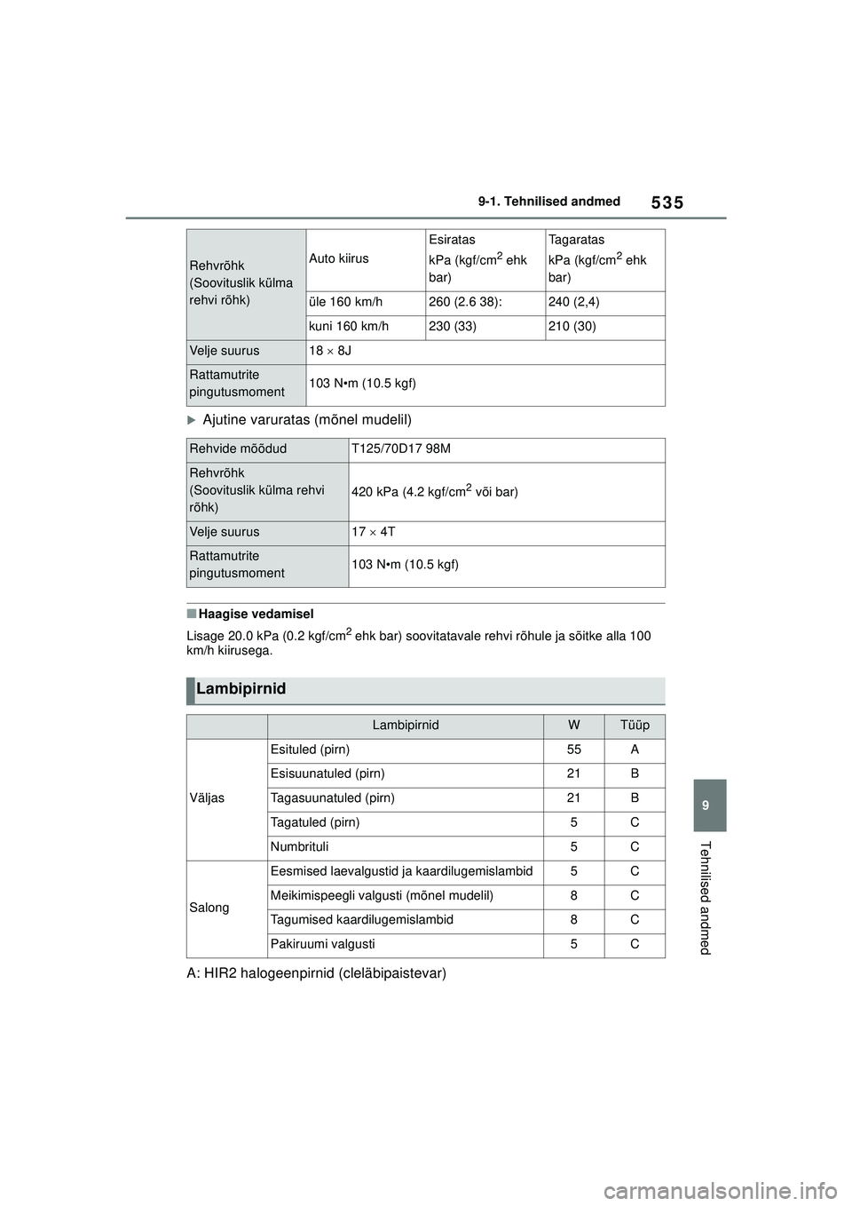 TOYOTA COROLLA 2022  Kasutusjuhend (in Estonian) 535
9
9-1. Tehnilised andmed
Tehnilised andmed
�XAjutine varuratas (mõnel mudelil)
■Haagise vedamisel
Lisage 20.0 kPa (0.2 kgf/cm
2 ehk bar) soovitatavale rehvi rõhule ja sõitke alla 100 
km/h ki